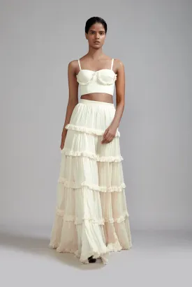 Off-White Fringed Tiered Lehenga Set (2 PCS)