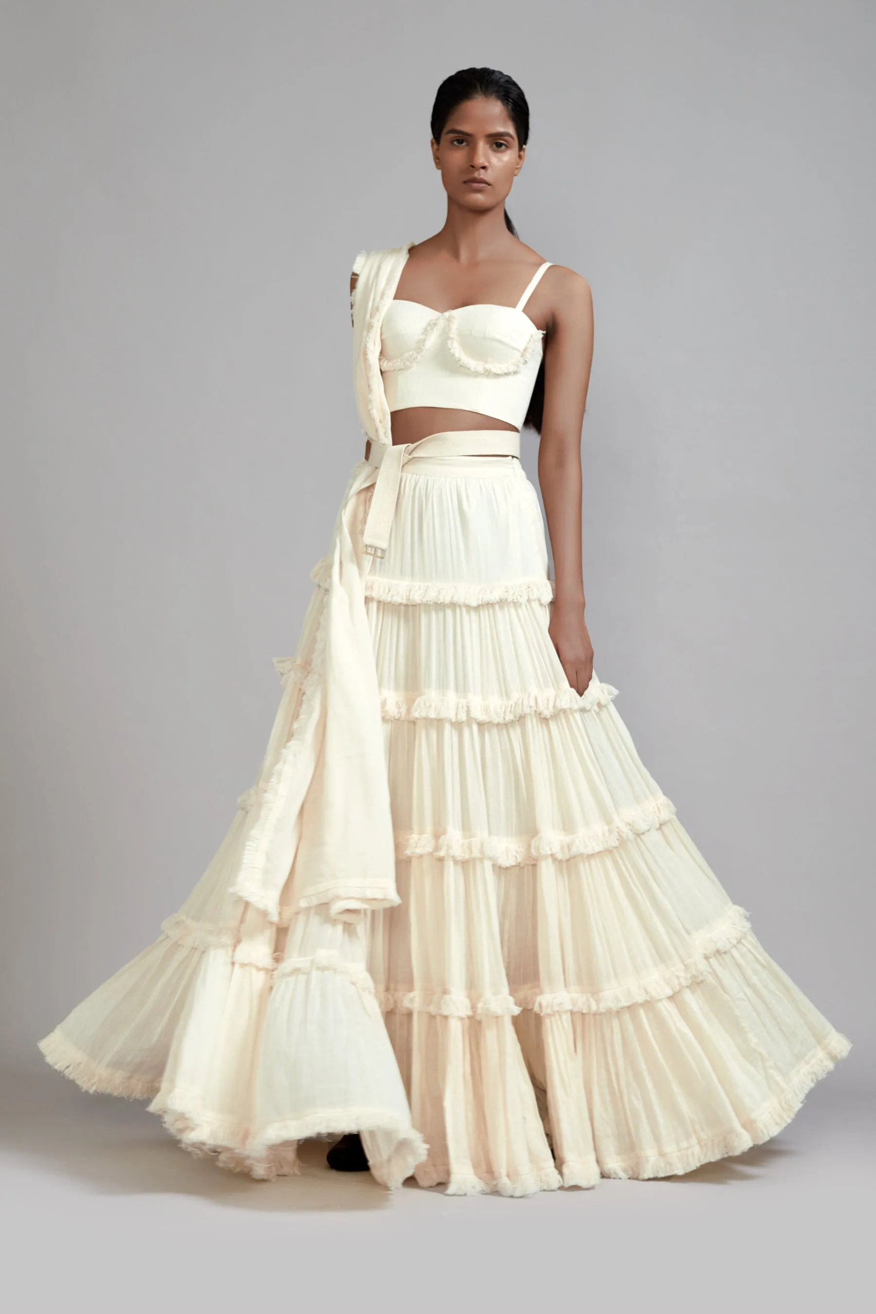 Off-White Fringed Tiered Lehenga Set (3 PCS)