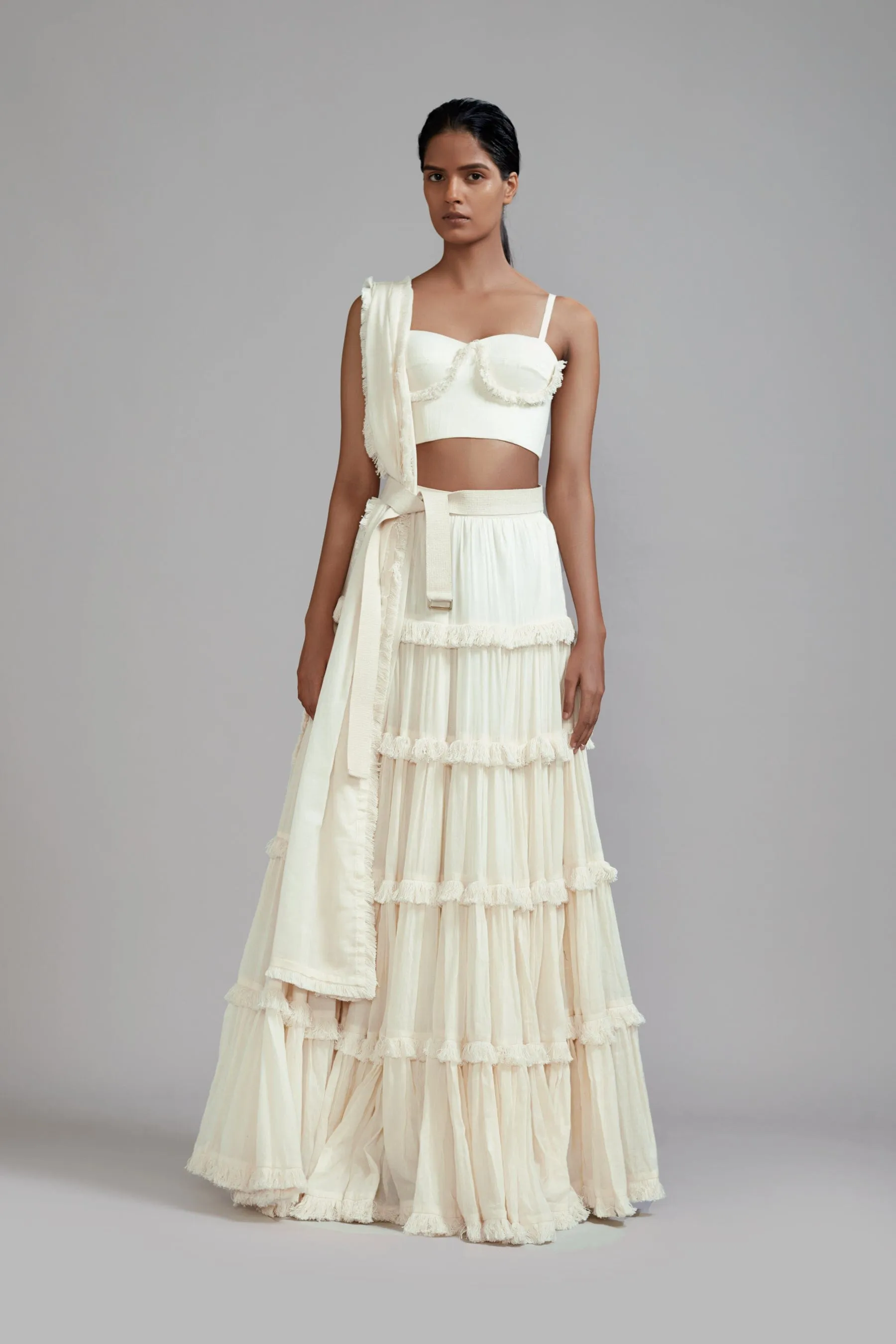 Off-White Fringed Tiered Lehenga Set (3 PCS)