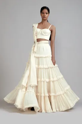 Off-White Fringed Tiered Lehenga Set (3 PCS)