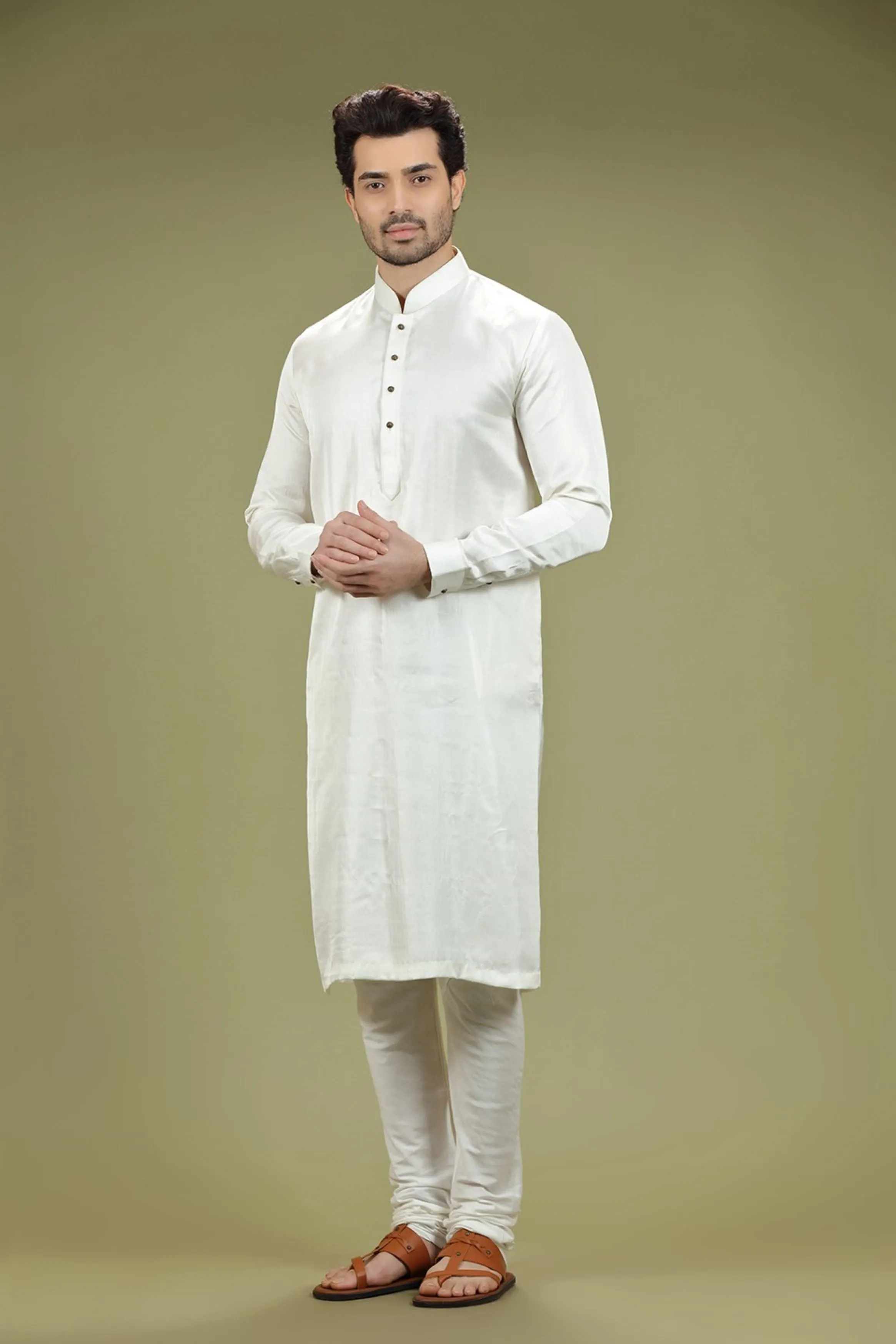 Off White Solid Linen Kurta Set  Designed by Kora (Nilesh Mitesh)