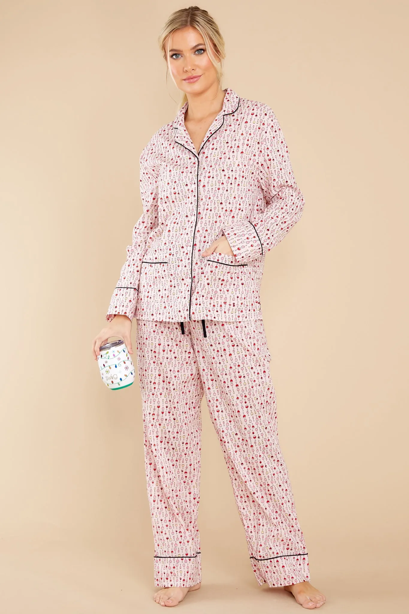 One Glass A Night Pink Wine Print Pajama Set