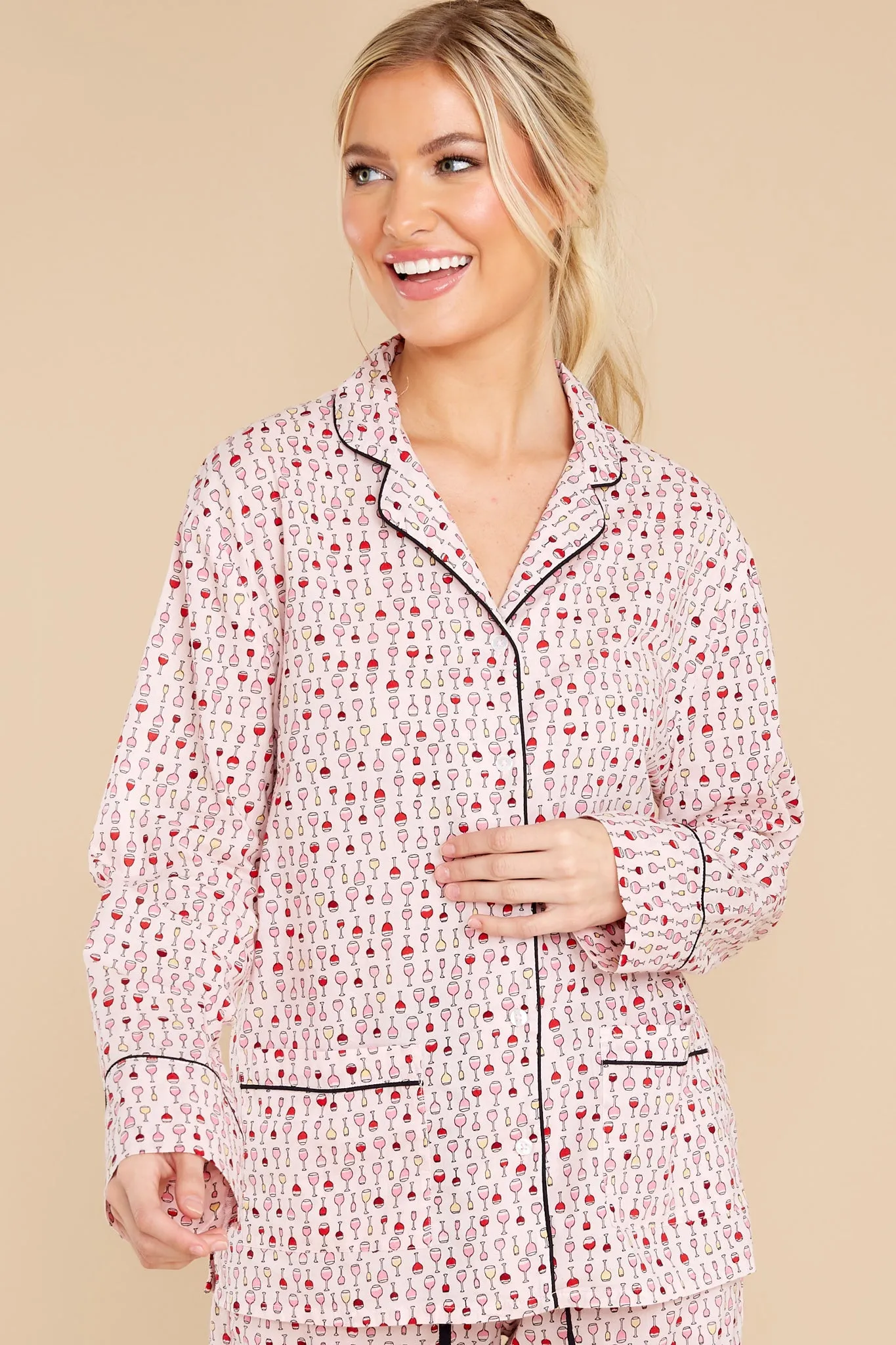 One Glass A Night Pink Wine Print Pajama Set