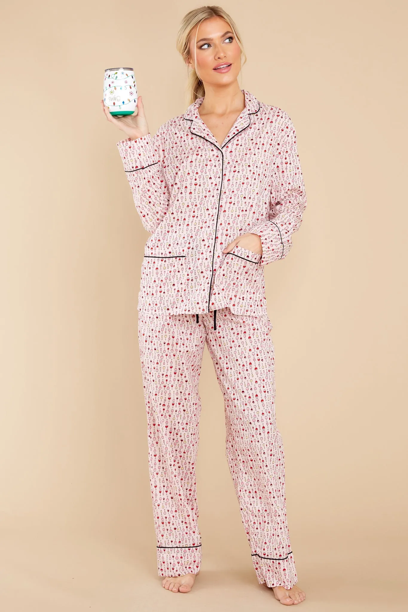 One Glass A Night Pink Wine Print Pajama Set