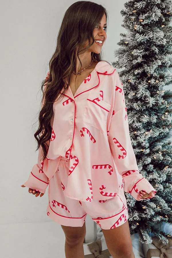 Pink Christmas Candy Cane Print Shirt and Shorts Pajama Set