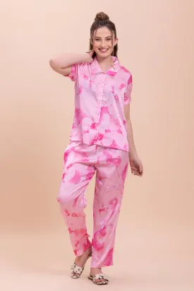 Pink satin Tye & dye Pj set with Elizabeth collar