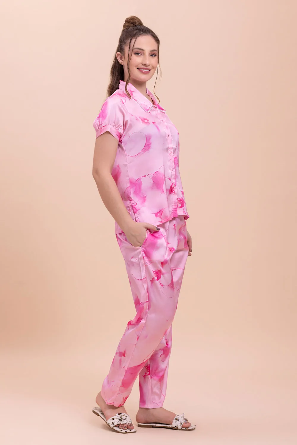 Pink satin Tye & dye Pj set with Elizabeth collar