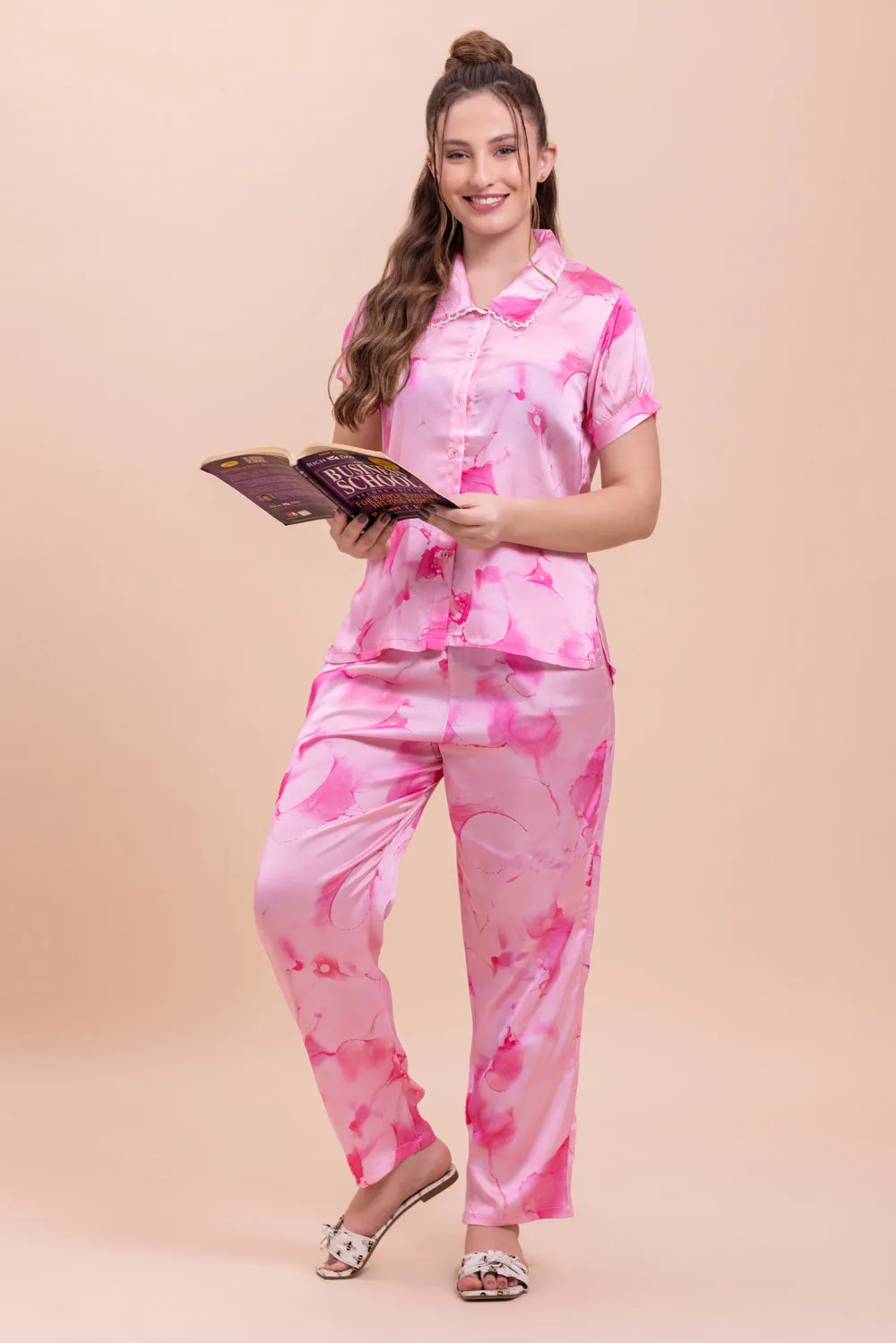 Pink satin Tye & dye Pj set with Elizabeth collar