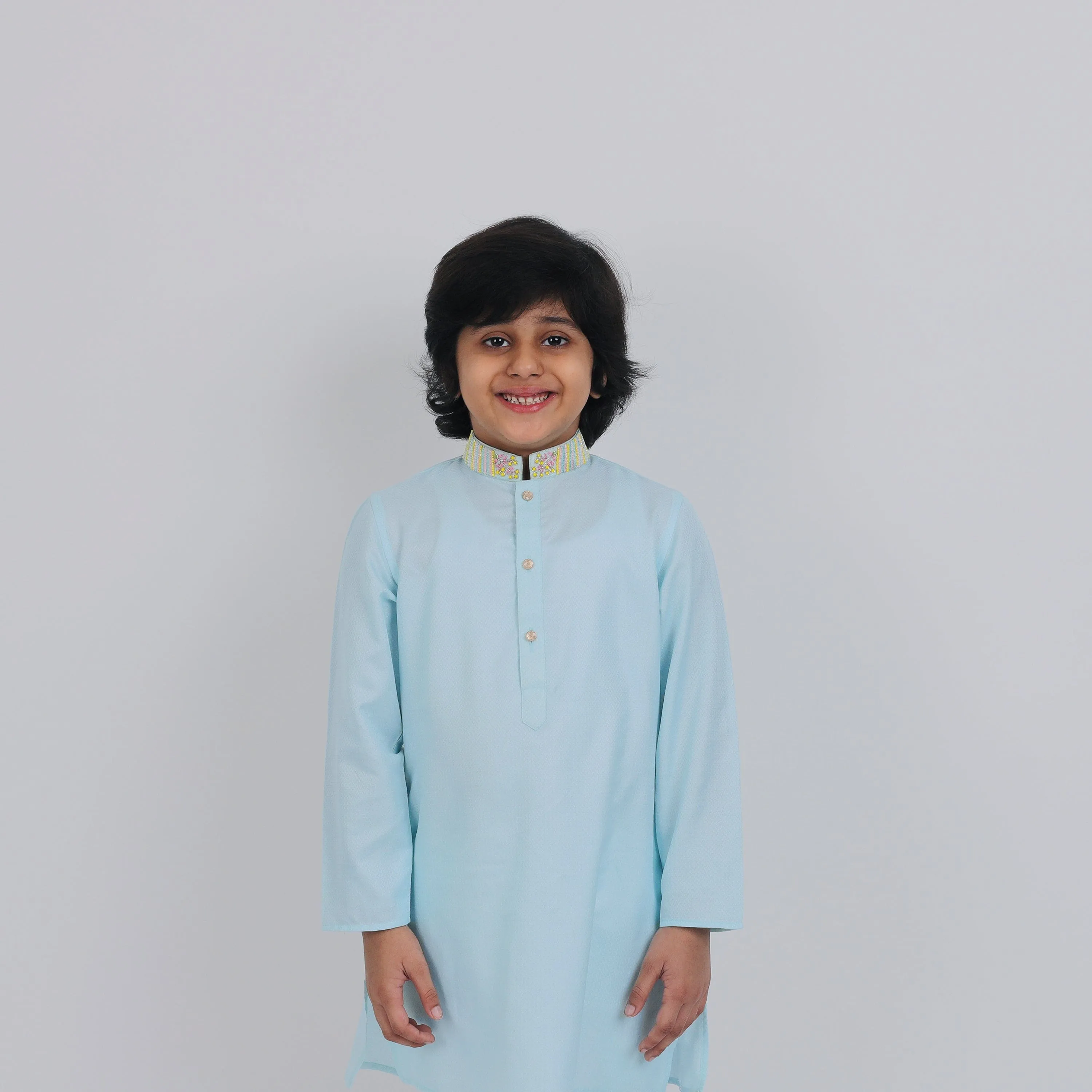 Pre-Order : ICE BLUE KURTA WITH COLLAR EMBROIDERY & WHITE PANTS  for Boys