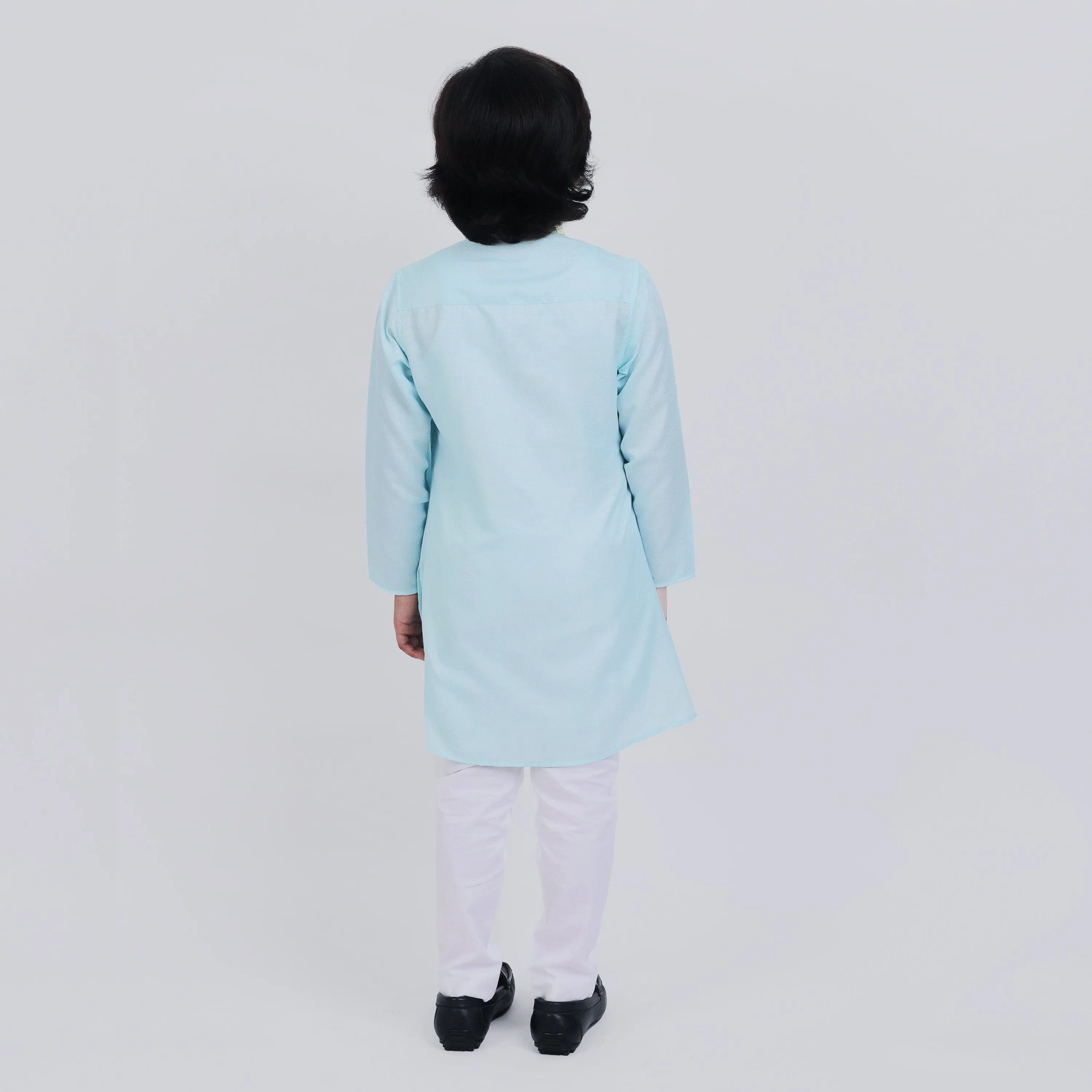 Pre-Order : ICE BLUE KURTA WITH COLLAR EMBROIDERY & WHITE PANTS  for Boys