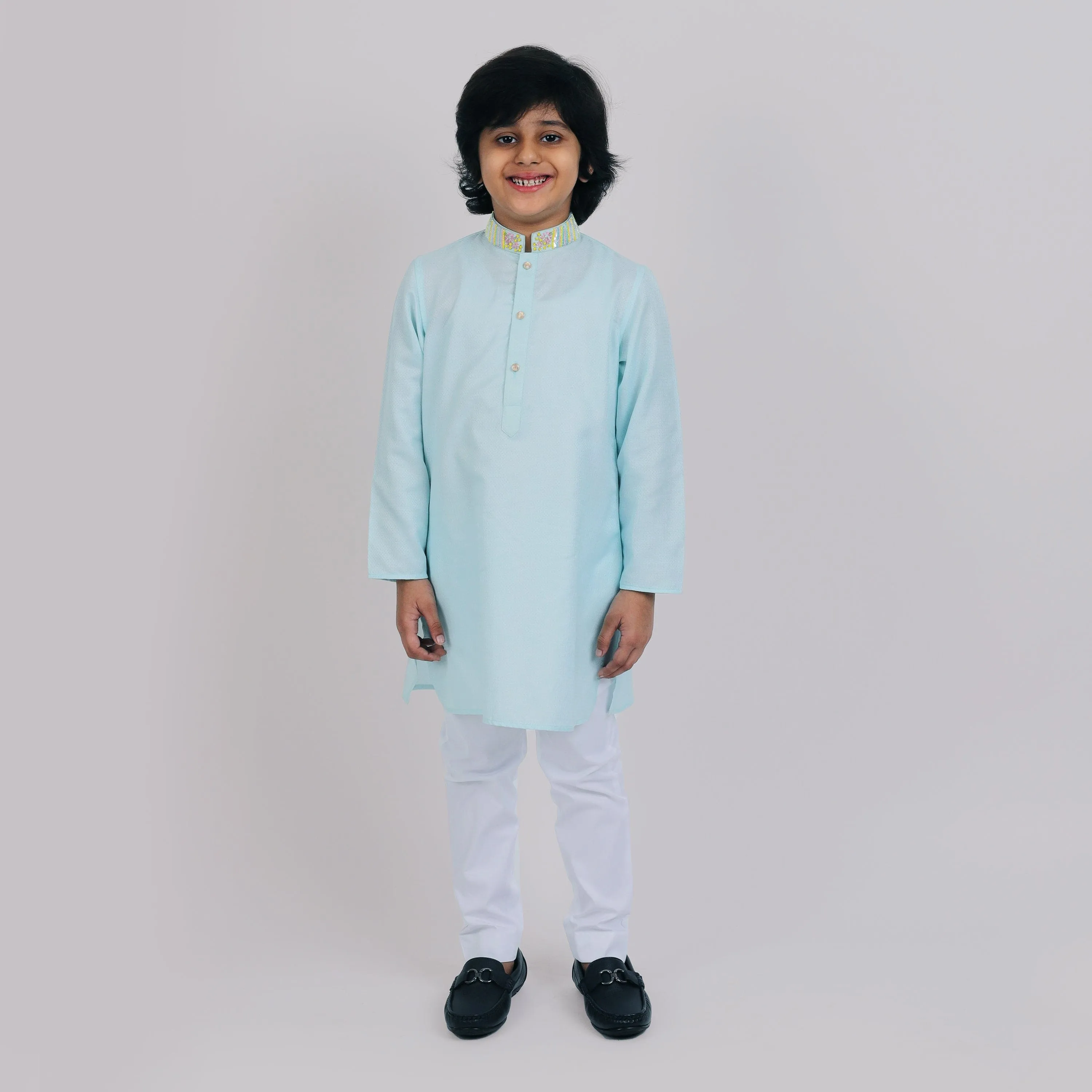 Pre-Order : ICE BLUE KURTA WITH COLLAR EMBROIDERY & WHITE PANTS  for Boys