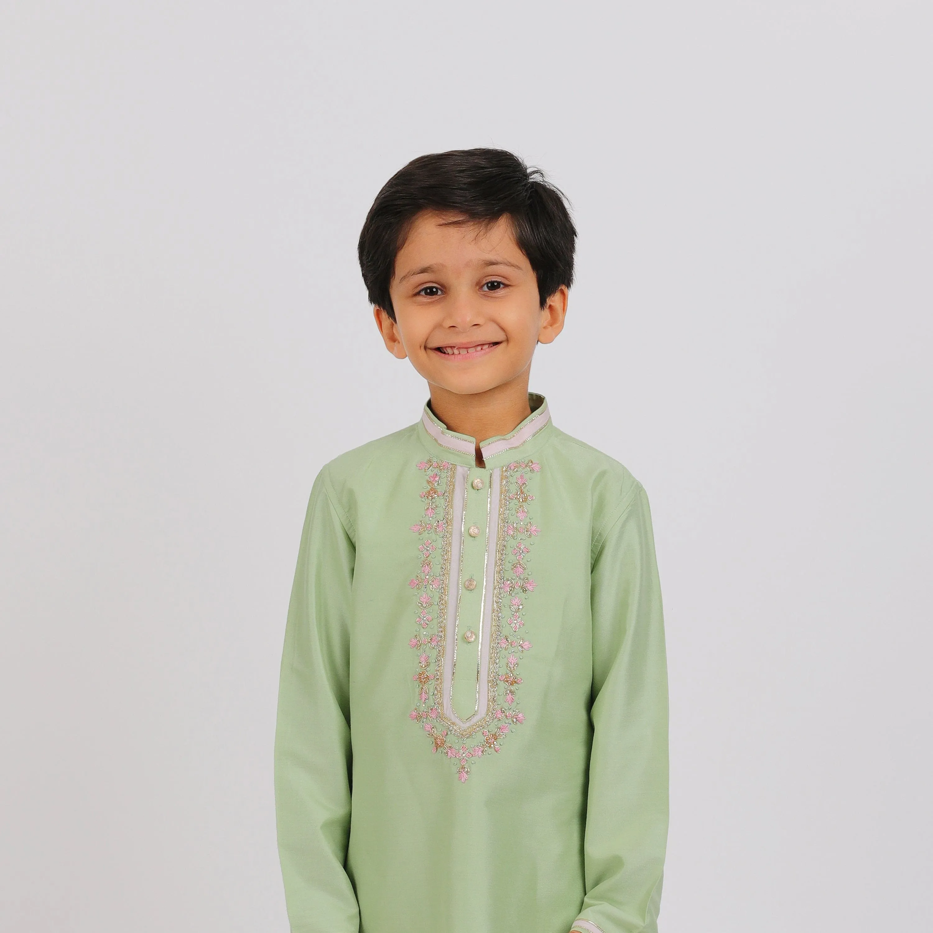 Pre-Order : PISTA GREEN KURTA WITH NECK EMBROIDERY & WHITE PAJAMA for Boys