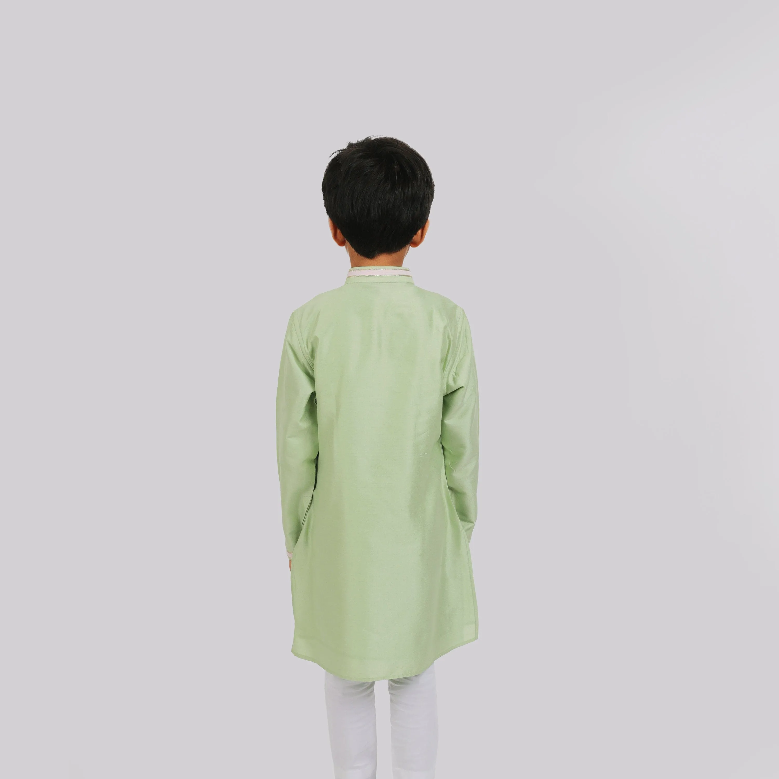 Pre-Order : PISTA GREEN KURTA WITH NECK EMBROIDERY & WHITE PAJAMA for Boys