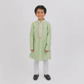 Pre-Order : PISTA GREEN KURTA WITH NECK EMBROIDERY & WHITE PAJAMA for Boys