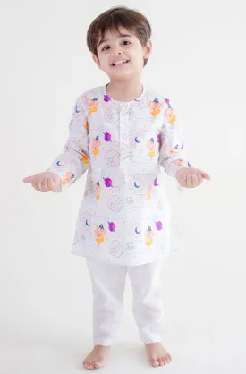 Pre-Order Unisex Ganesh Blessing Kurta Pyjama Set - White