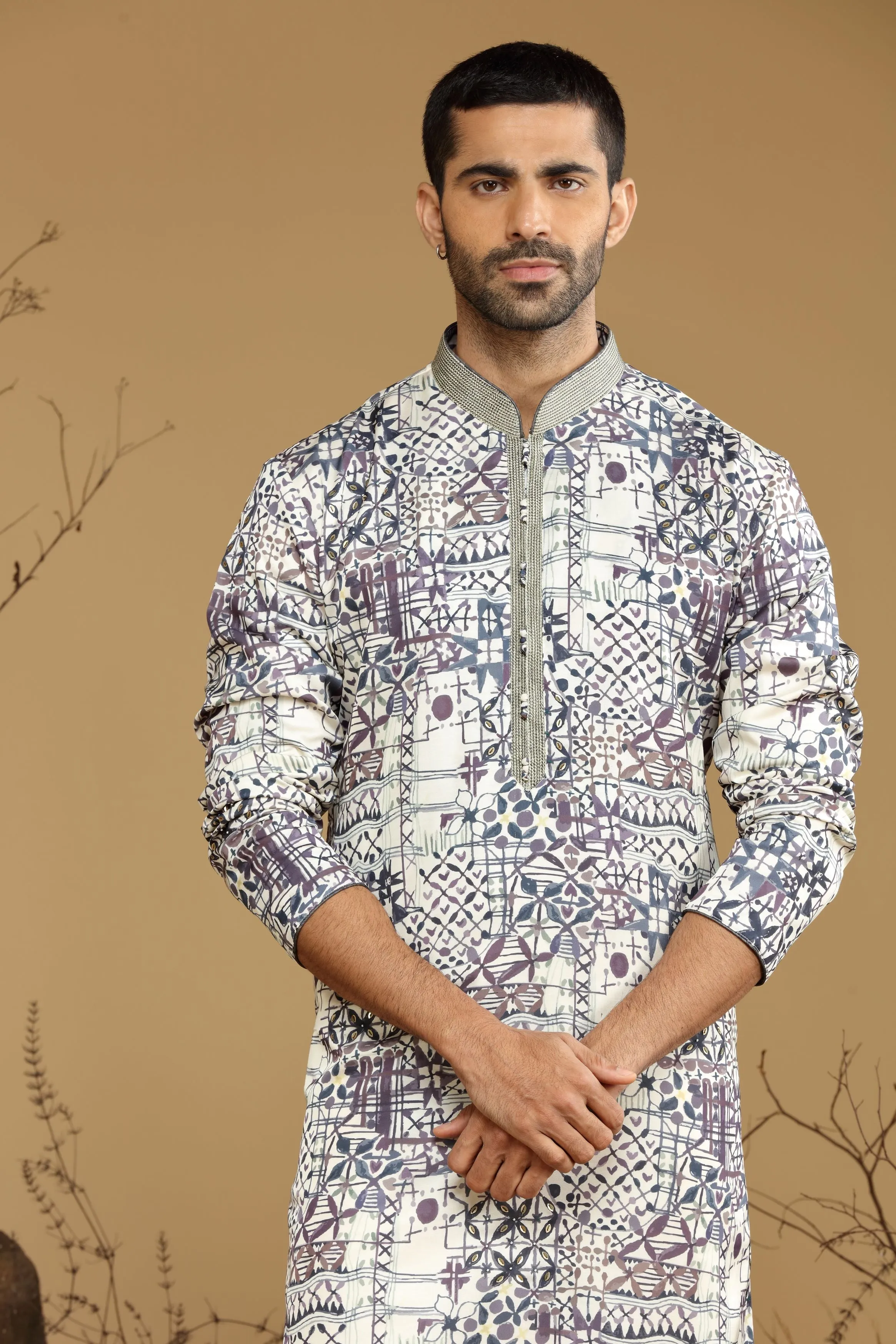 Purple Printed Silk Kurta Set  Designed by Kora (Nilesh Mitesh)