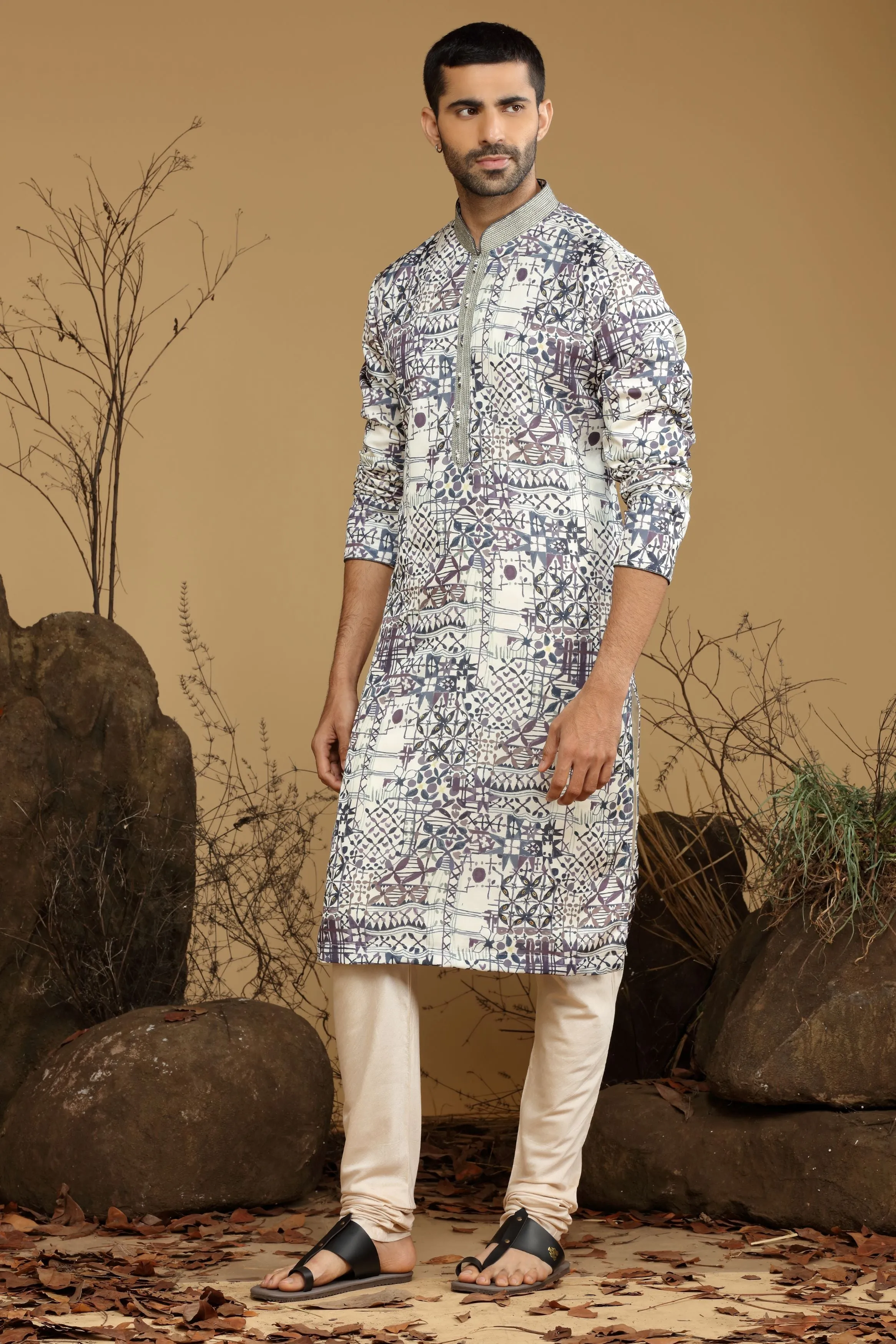 Purple Printed Silk Kurta Set  Designed by Kora (Nilesh Mitesh)