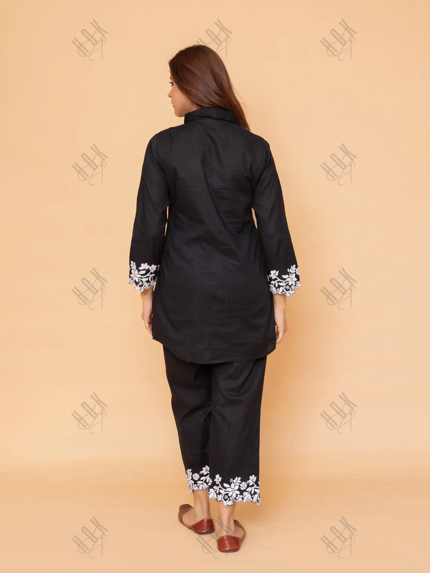 Saba Chikankari Co-ord Set in Cotton Cambric - Black With White