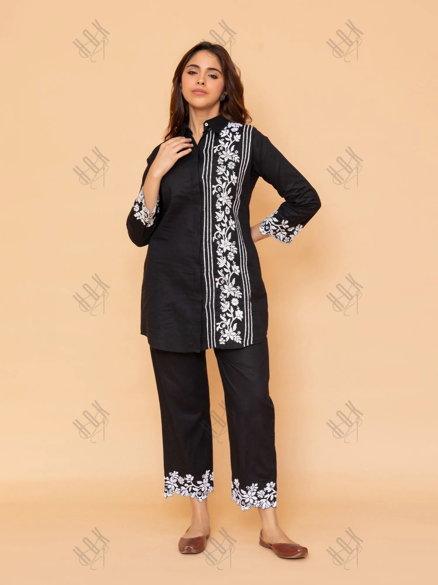 Saba Chikankari Co-ord Set in Cotton Cambric - Black With White