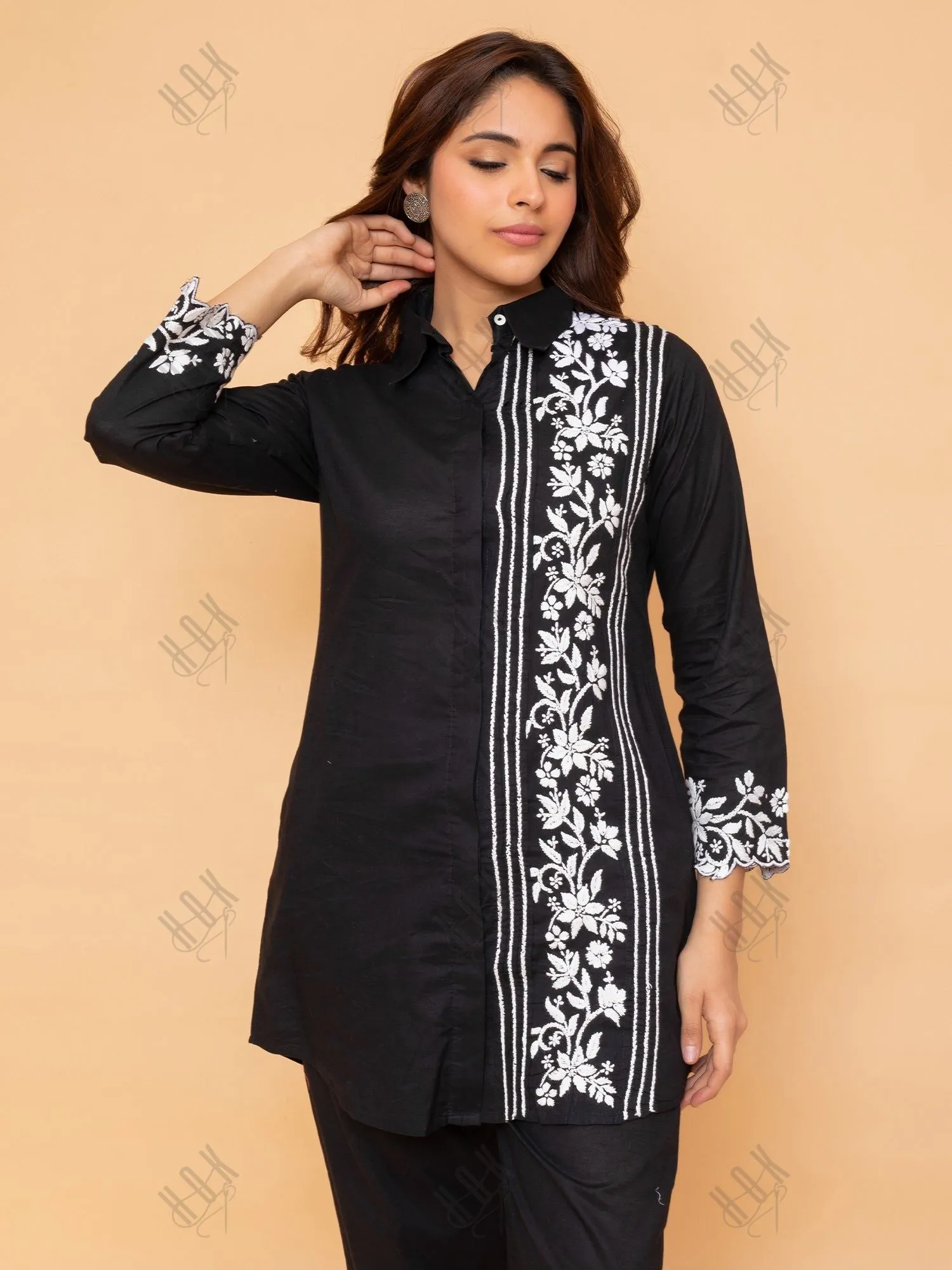 Saba Chikankari Co-ord Set in Cotton Cambric - Black With White