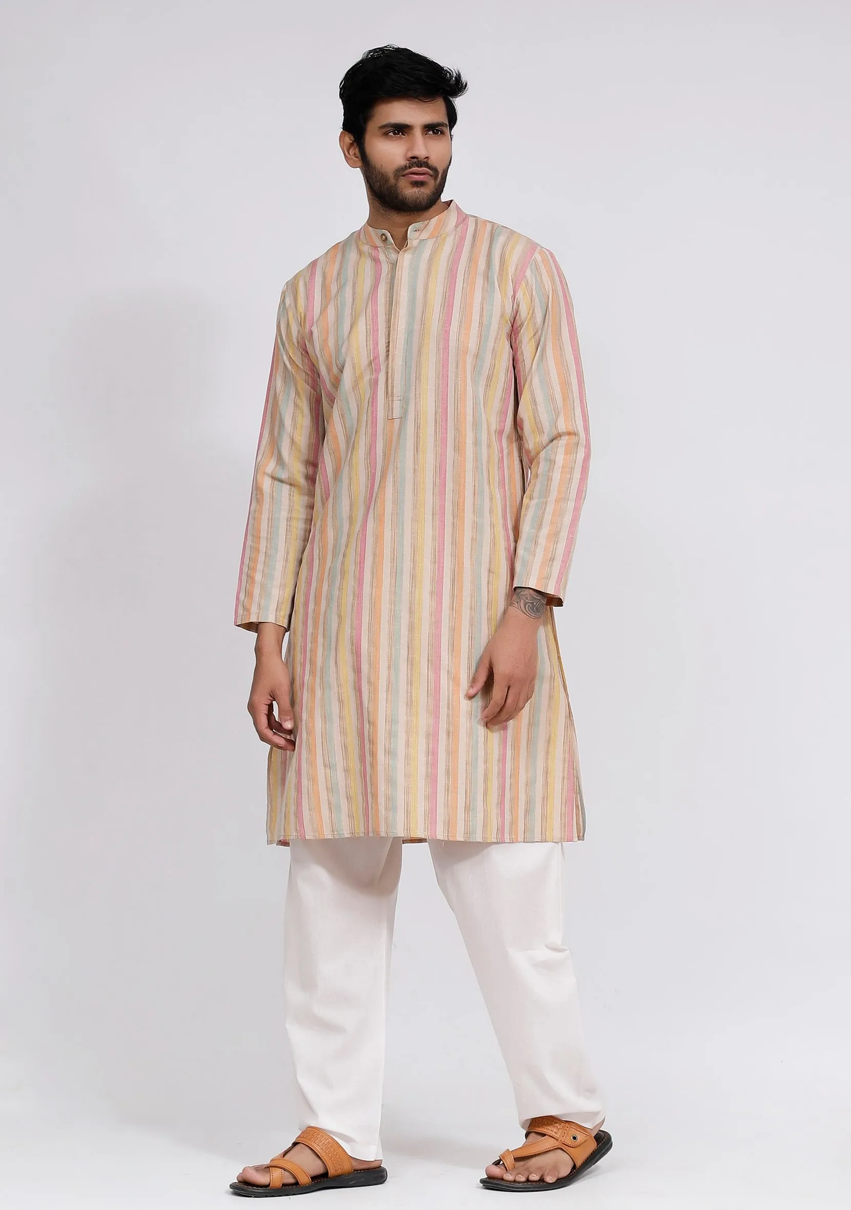 Set of 2: Beige Stripe Kurta and White Plain Pajama