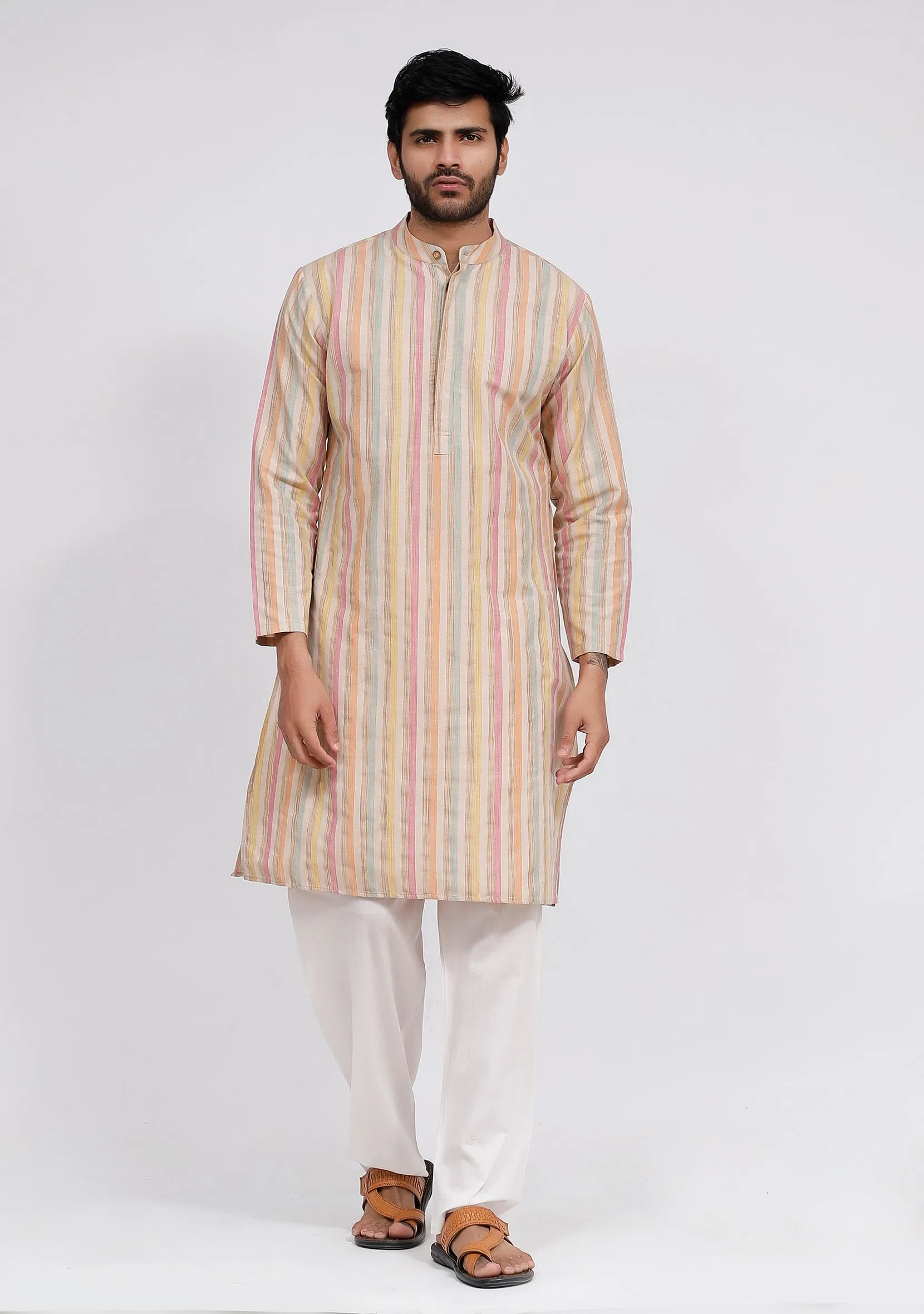 Set of 2: Beige Stripe Kurta and White Plain Pajama