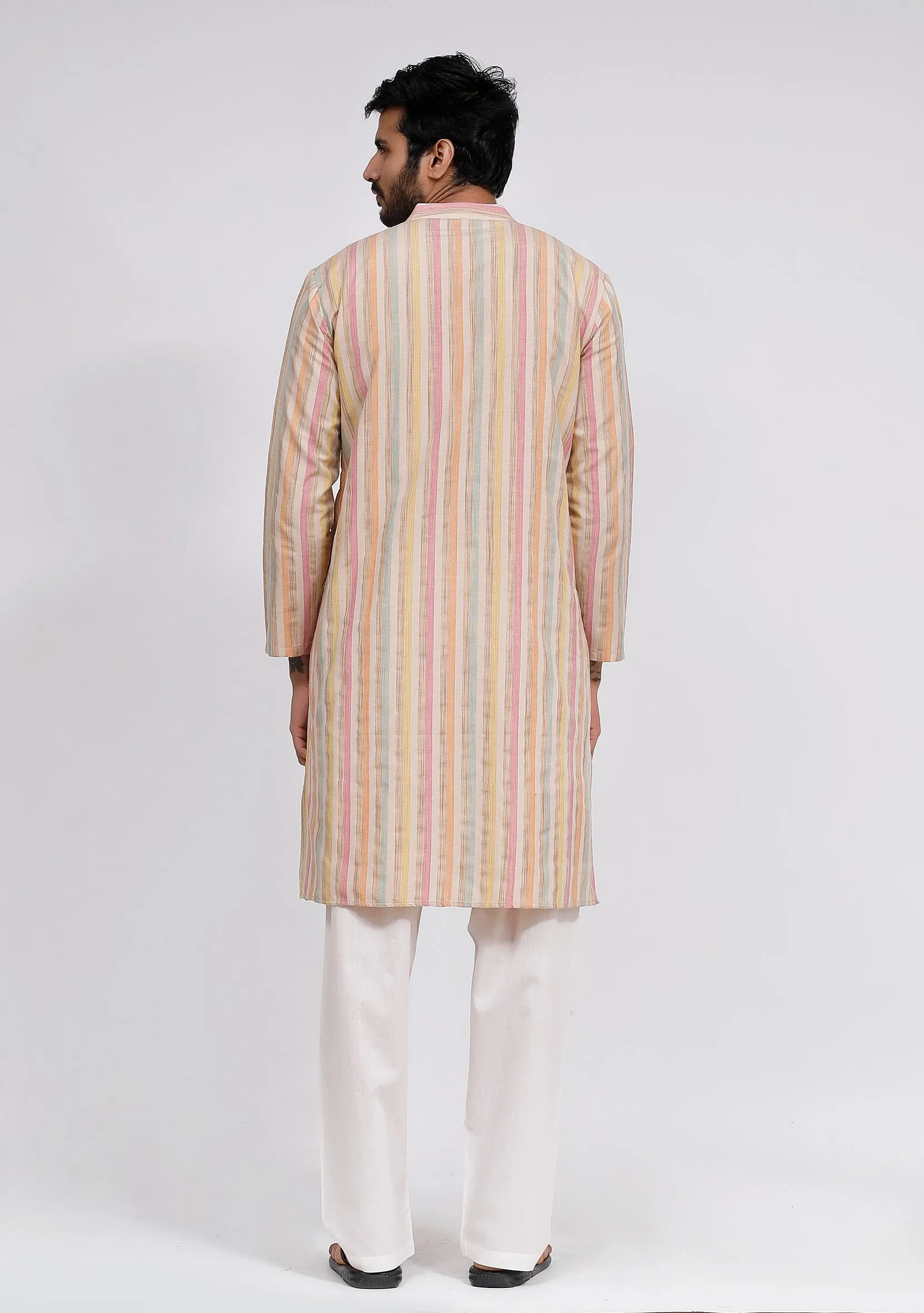 Set of 2: Beige Stripe Kurta and White Plain Pajama