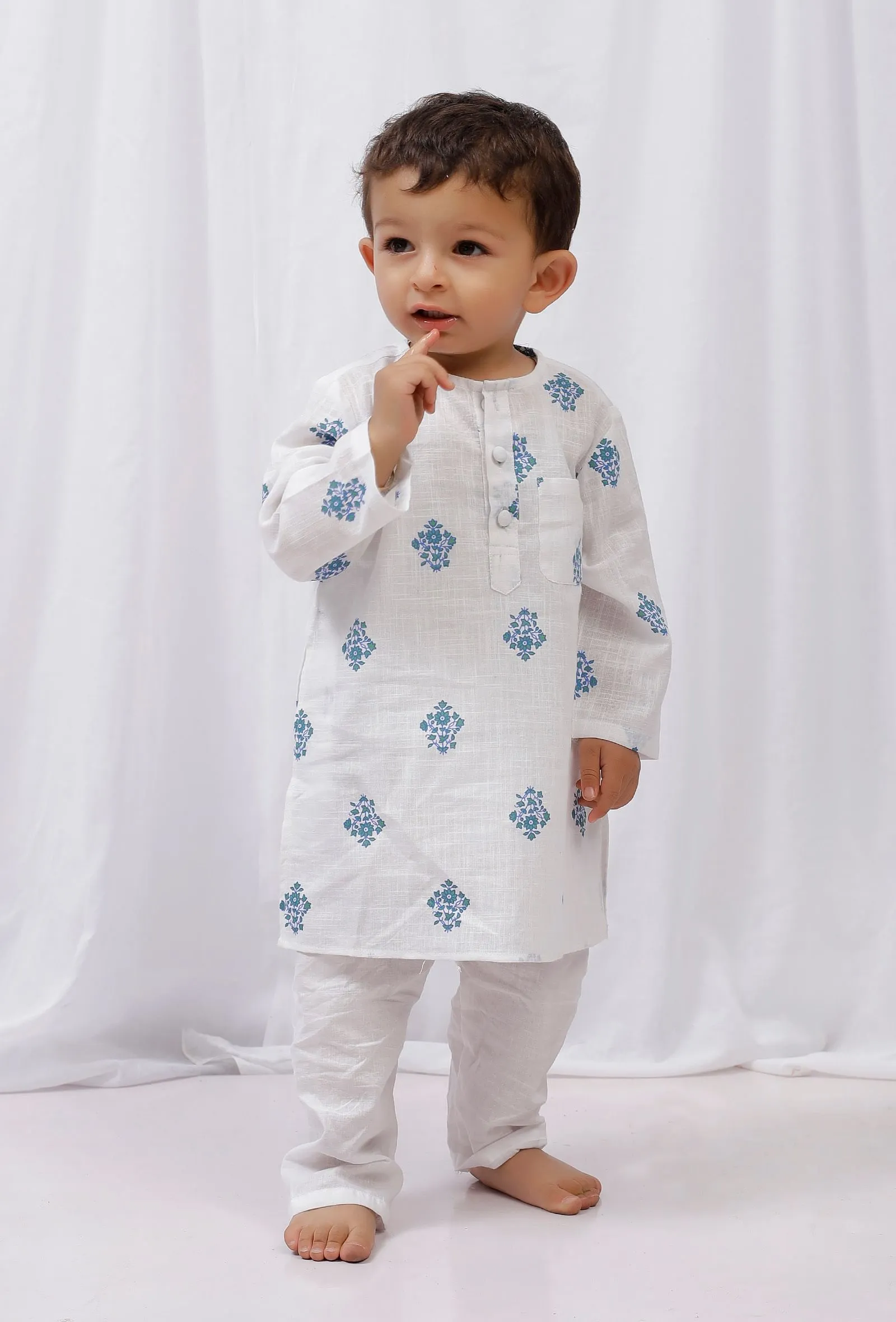 Set of 2: Blue Striped Cotton Kurta and White Pajama