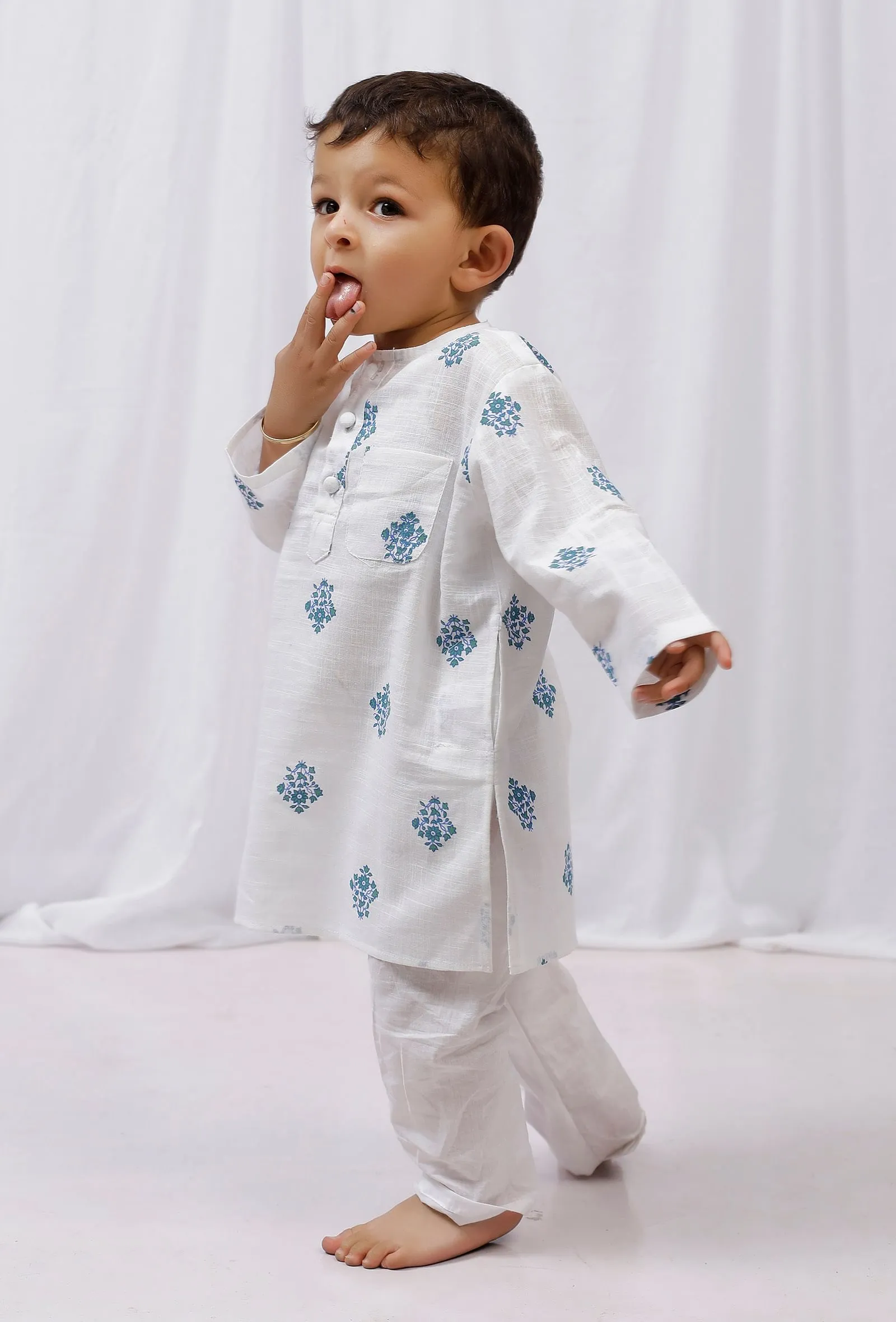 Set of 2: Blue Striped Cotton Kurta and White Pajama