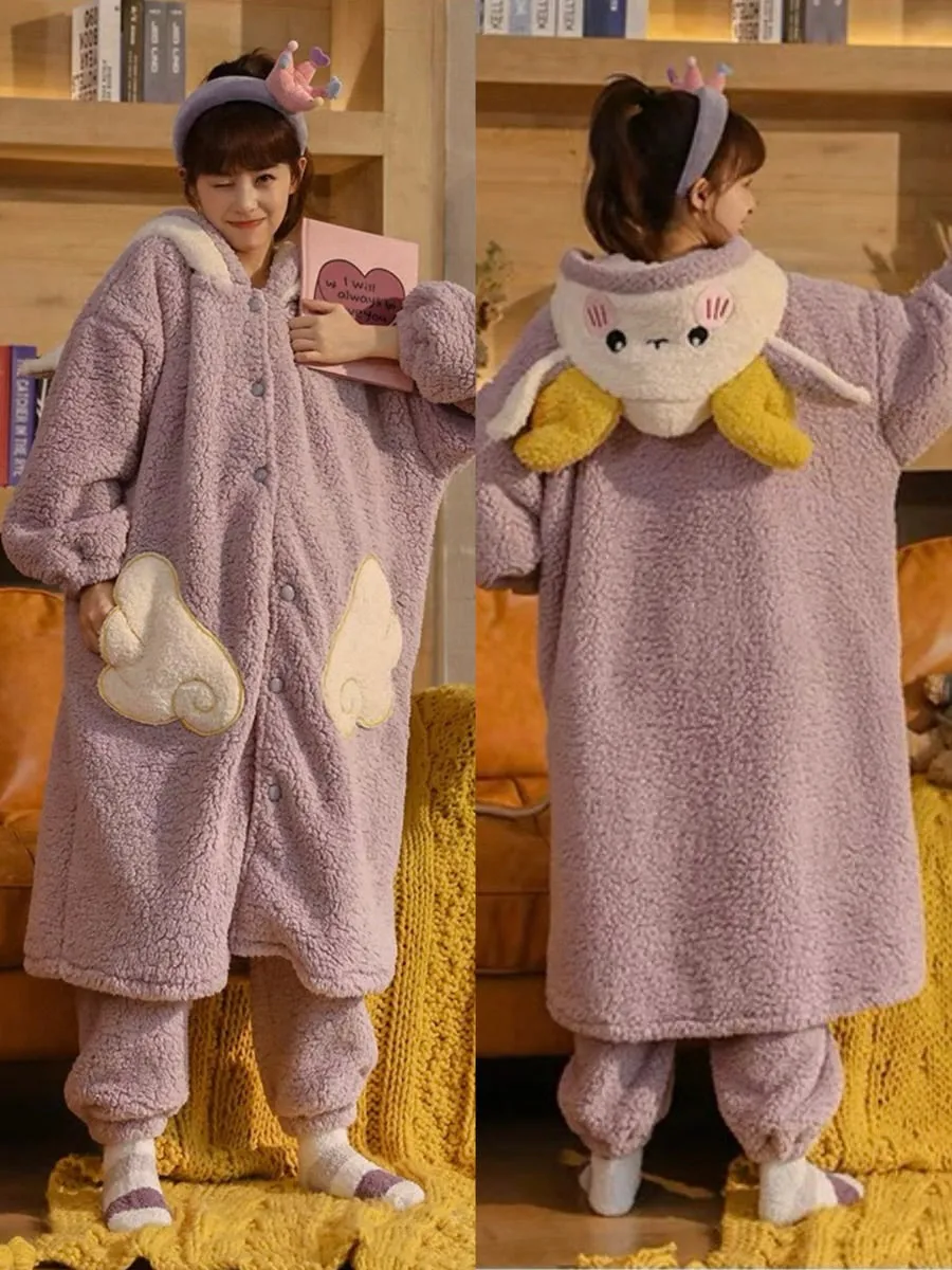 Shy Bunny Cozy Winter Fleece Sleepwear Nightgown Sets