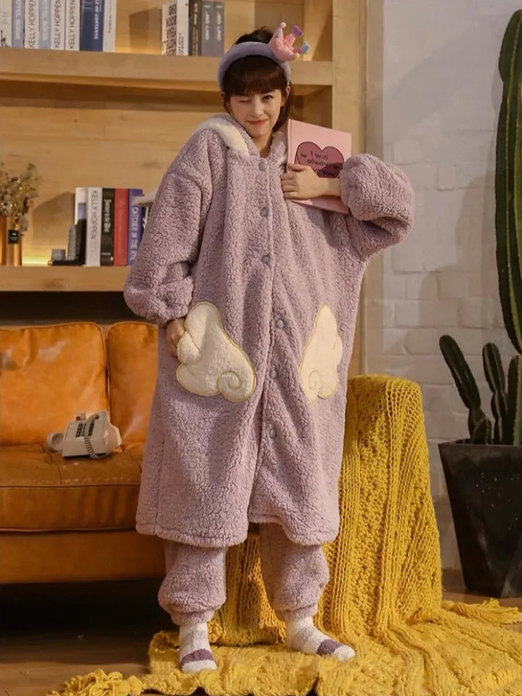 Shy Bunny Cozy Winter Fleece Sleepwear Nightgown Sets