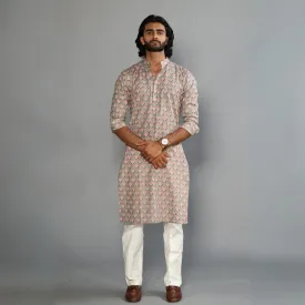 Thunder Grey Sanganeri Booti Print Kurta With White Pyjama