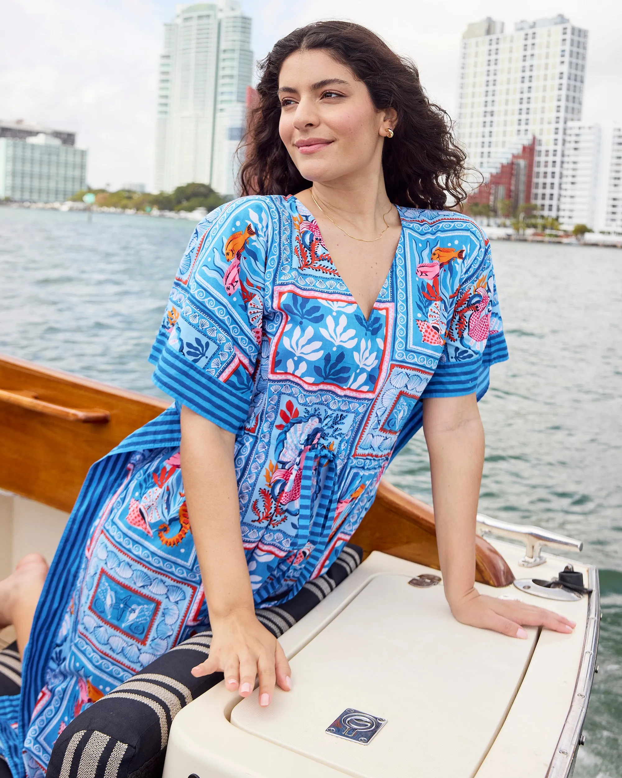 Tidal Tapestry - Let's  Cruise Caftan - Saltwater Blue