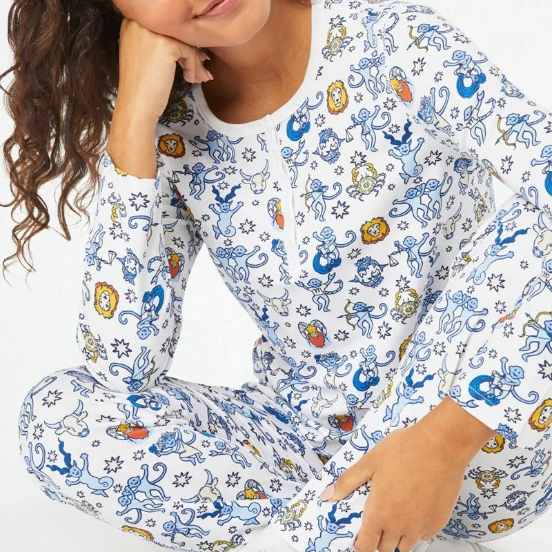 Toleet-Women Matching 2 Piece Pajama Set Long Sleeve O Neck Button Up T-Shirt Tops Cartoon Animal Pattern Print Pants Female Sleepwear