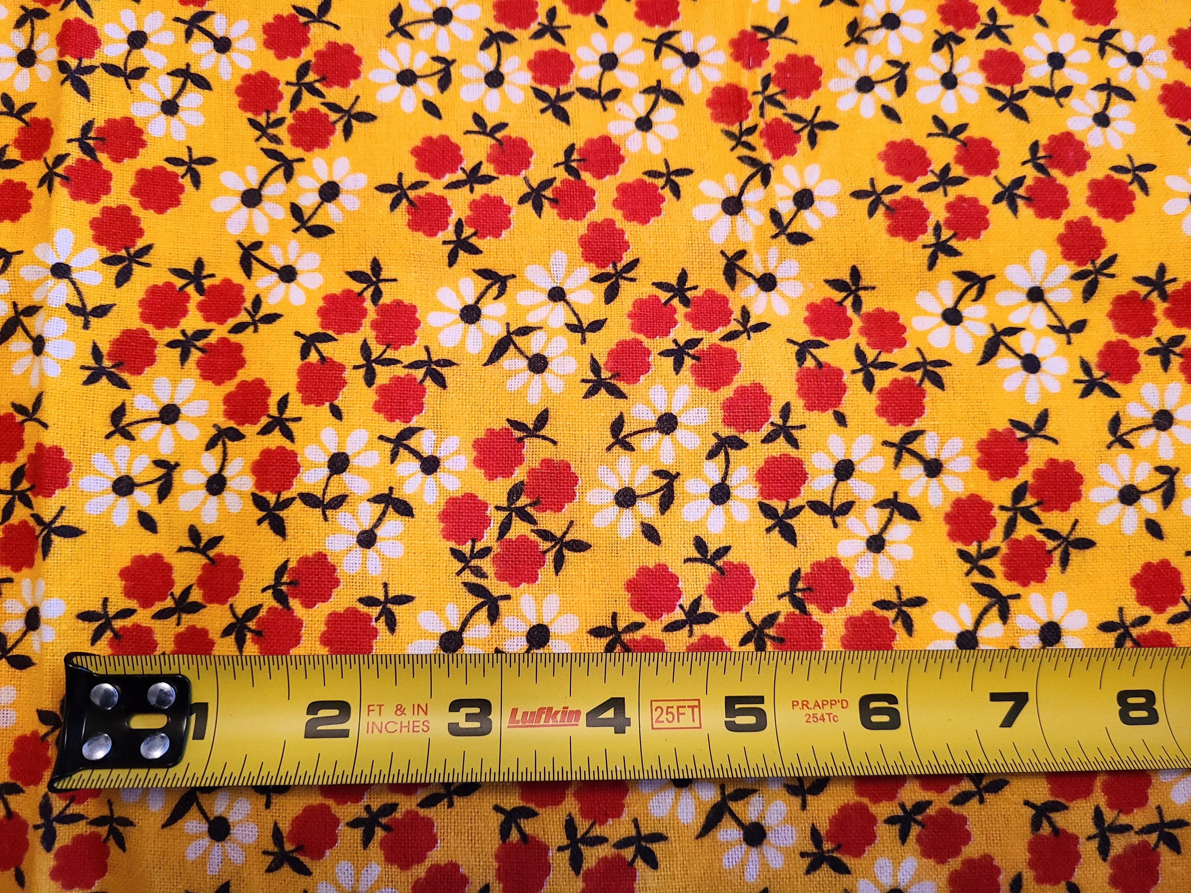 Vintage Fabric - Cotton - Flannel - Red Floral on Yellow - Fabric Remnant - VFL120