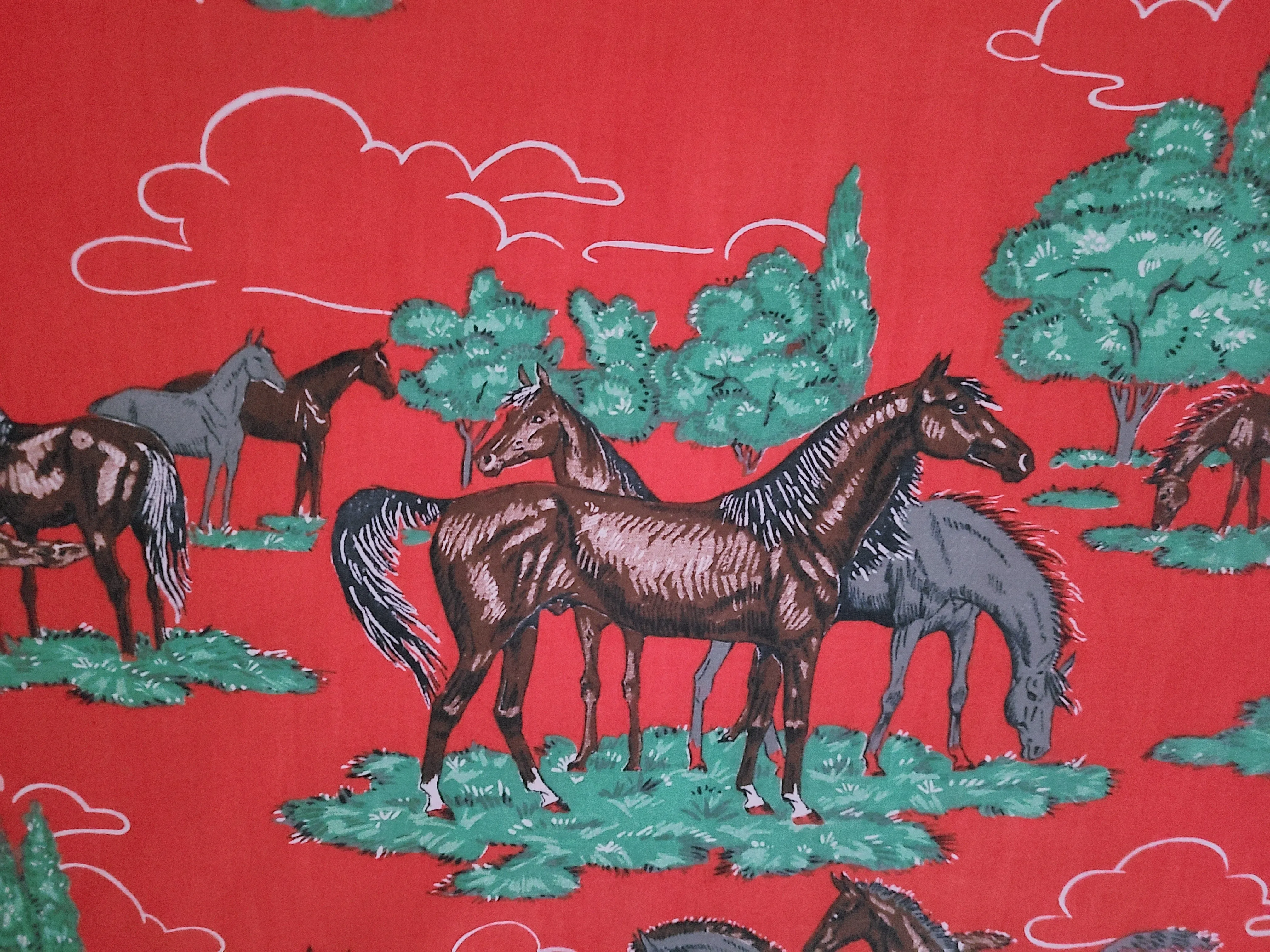 Vintage Fabric - Cotton - Horses - Fabric Remnant - VCW129