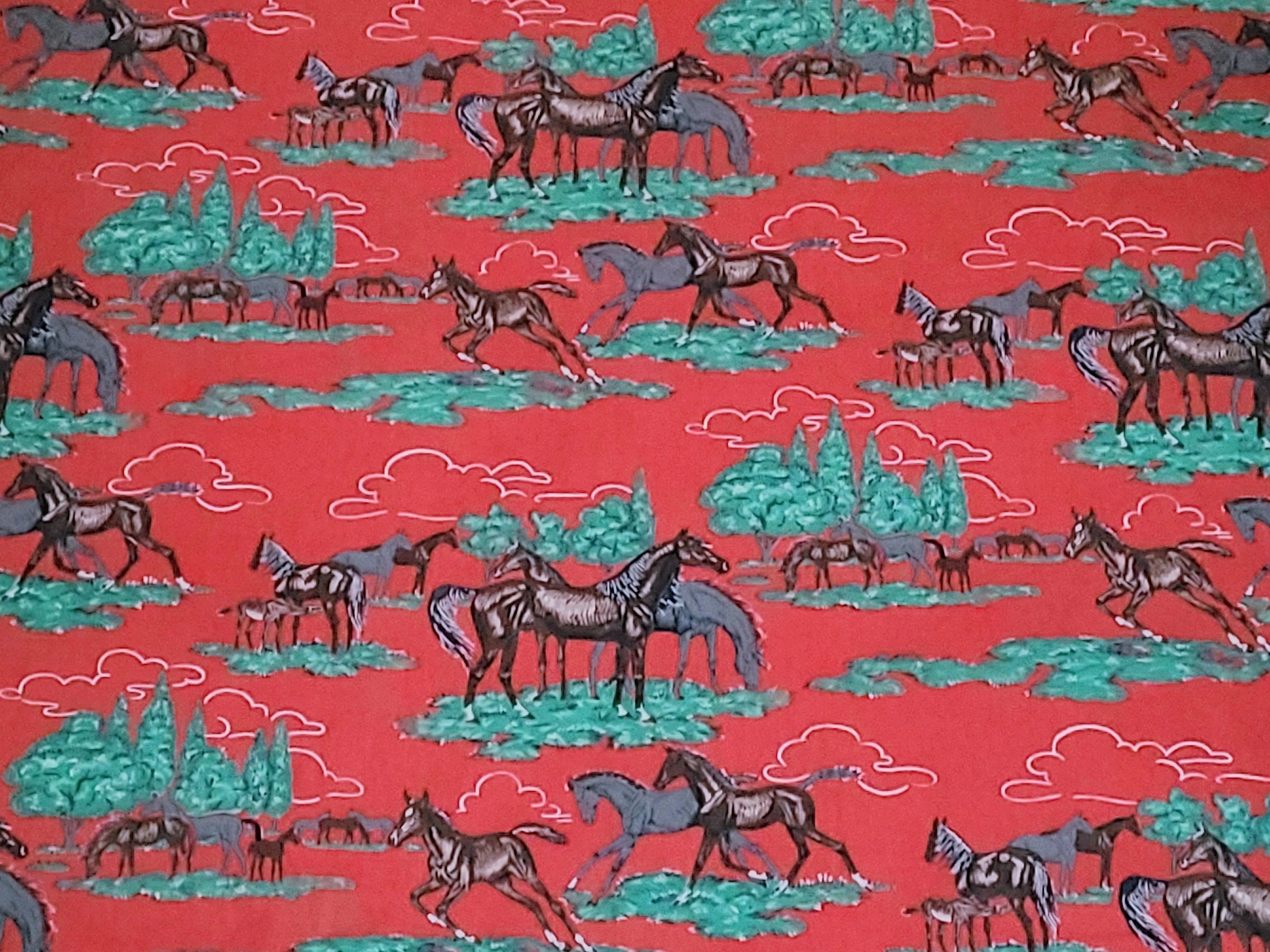 Vintage Fabric - Cotton - Horses - Fabric Remnant - VCW129