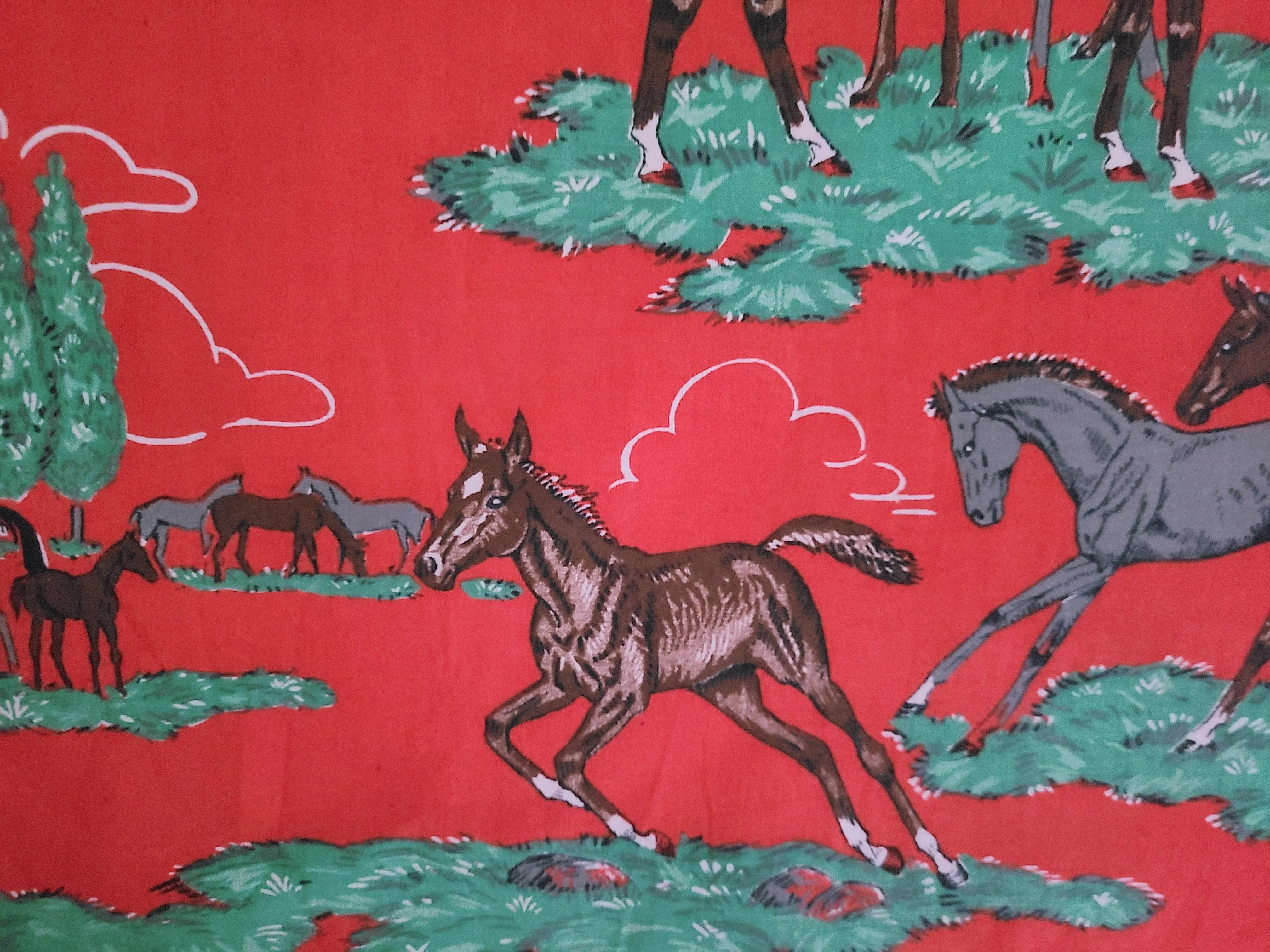 Vintage Fabric - Cotton - Horses - Fabric Remnant - VCW129