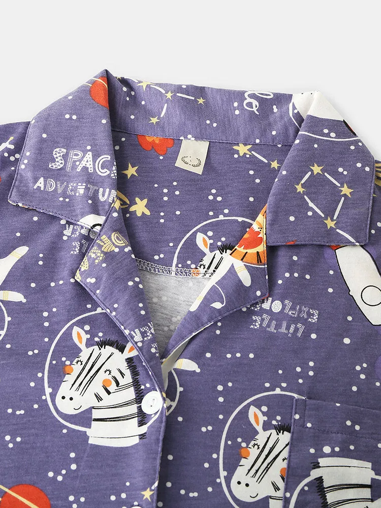 Women Cartoon Animal & Space Print Cotton Pocket Long Sleeve Elastic Waist Home Pajama Set