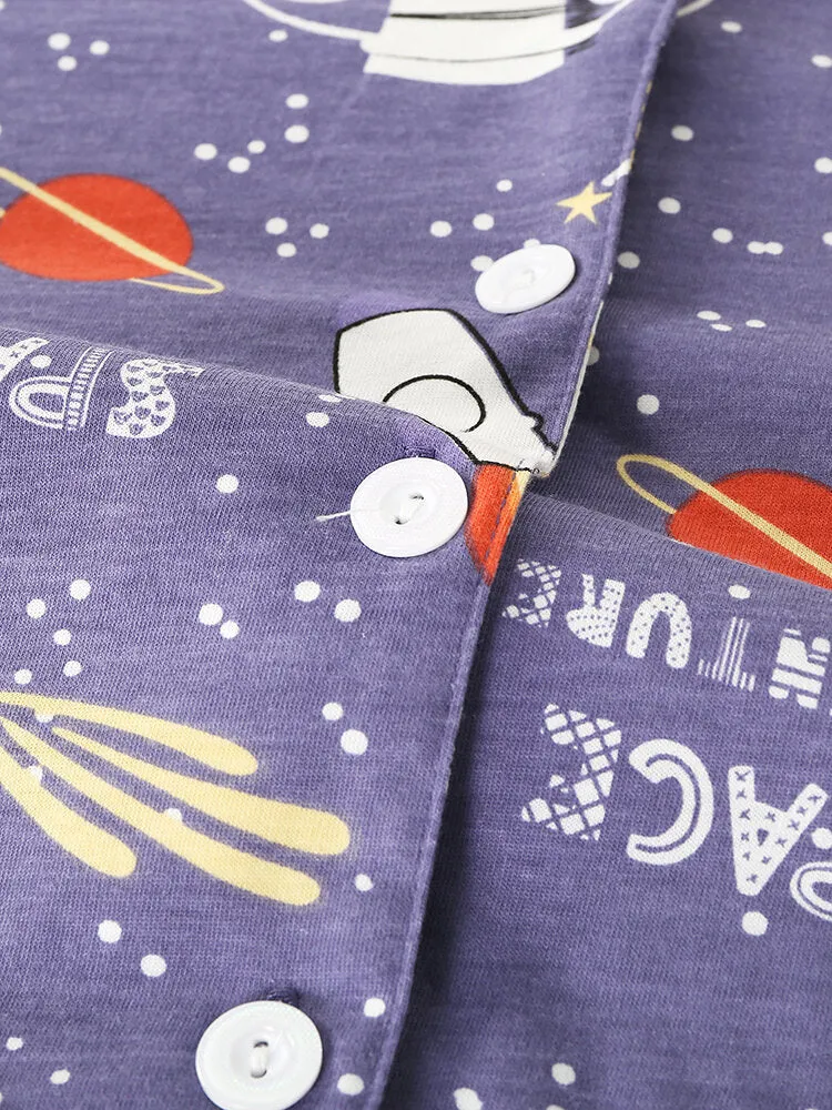 Women Cartoon Animal & Space Print Cotton Pocket Long Sleeve Elastic Waist Home Pajama Set