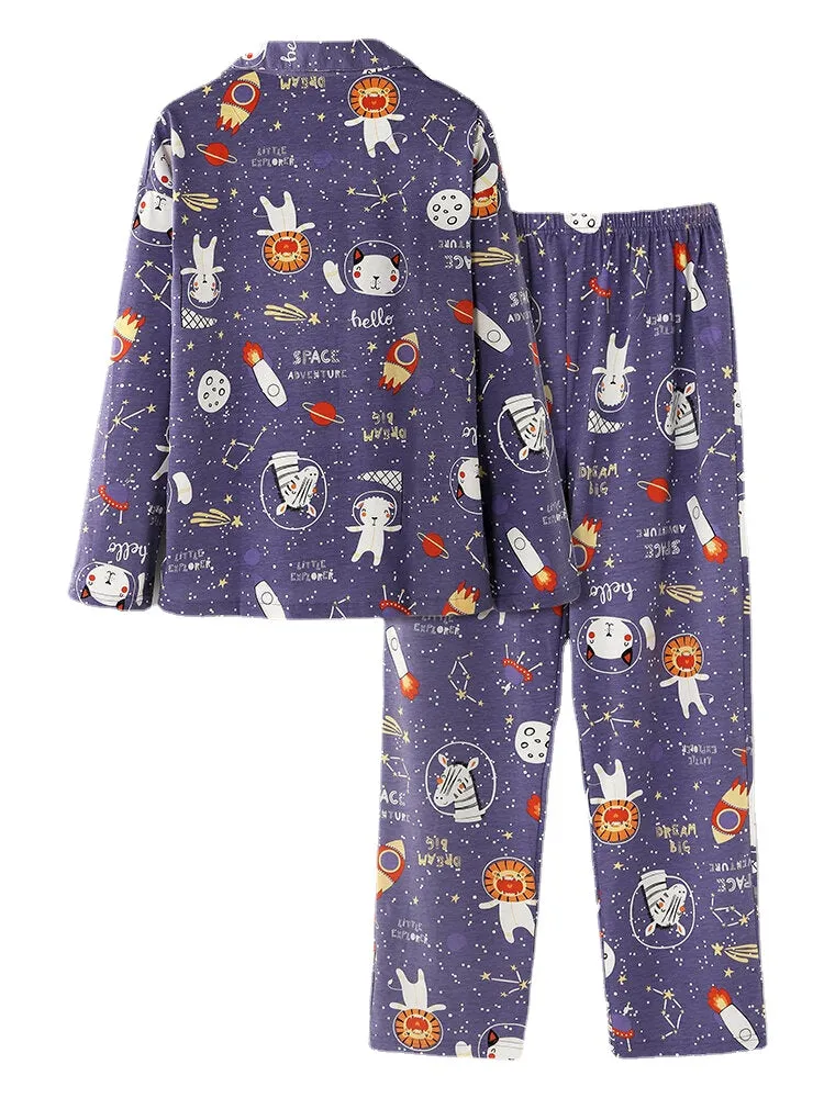 Women Cartoon Animal & Space Print Cotton Pocket Long Sleeve Elastic Waist Home Pajama Set