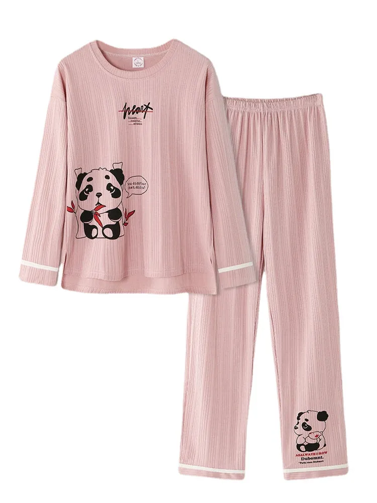 Women Cartoon animal Print Rib Long Sleeve Elastic Waist Pajama Set With Pocket