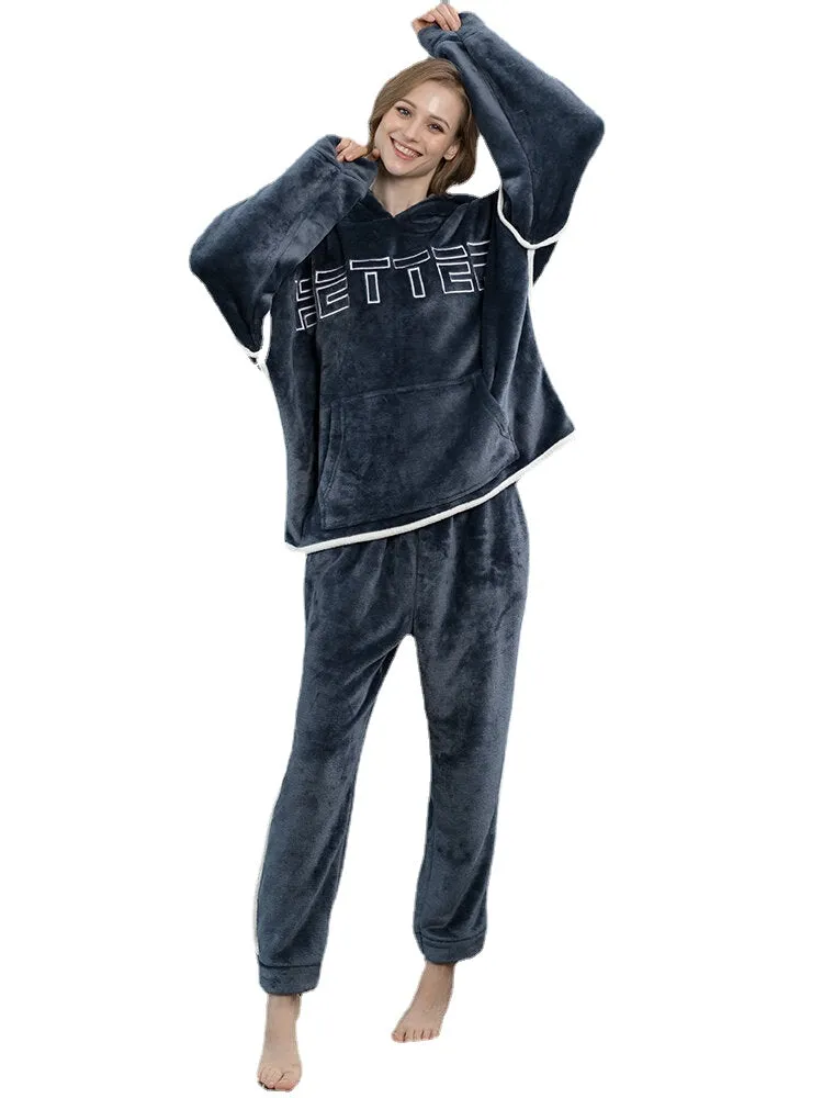 Women Flannel Letter Embroidery Thicken Hoodie Elastic Waist Loose Pants Home Pajama Set