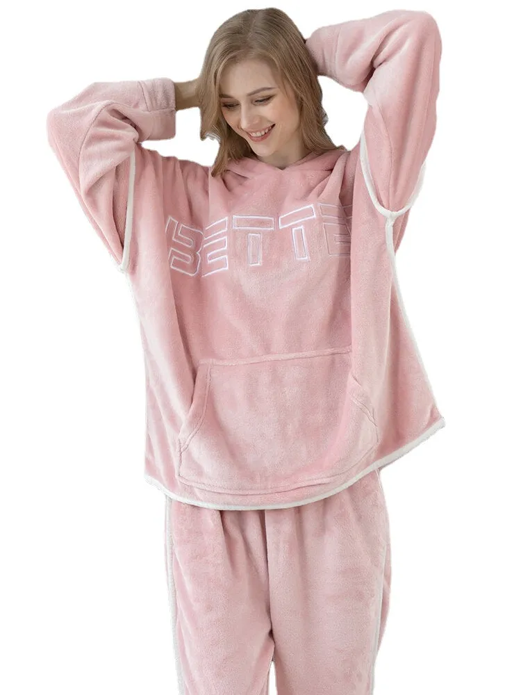 Women Flannel Letter Embroidery Thicken Hoodie Elastic Waist Loose Pants Home Pajama Set