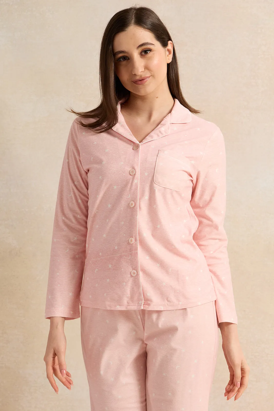 Women Pink Printed Flannel Pajama Set (2 Piece)