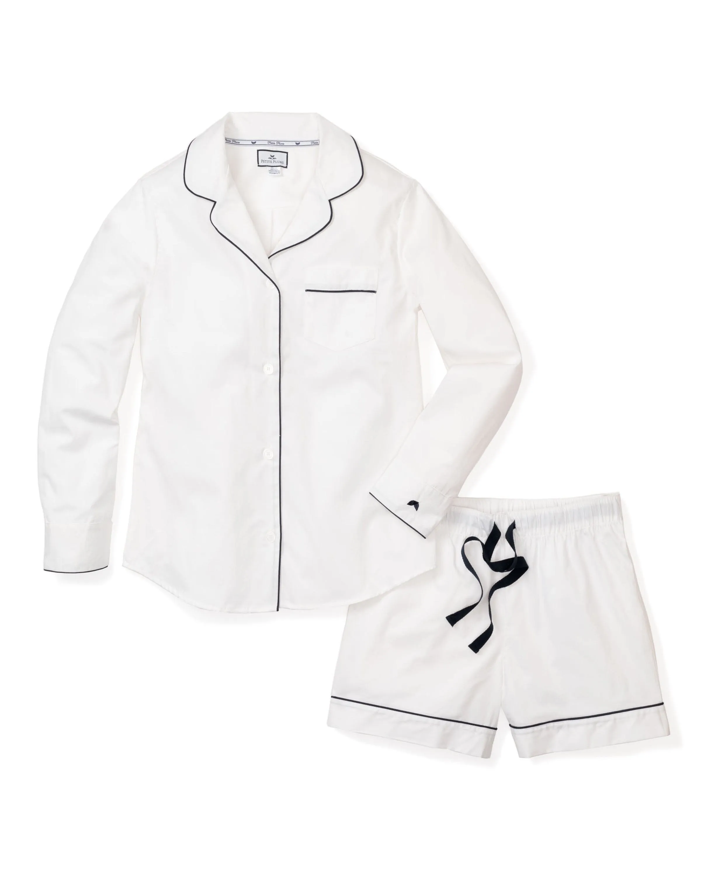 Women's Long Sleeve Short Set | White Twill with Navy Piping