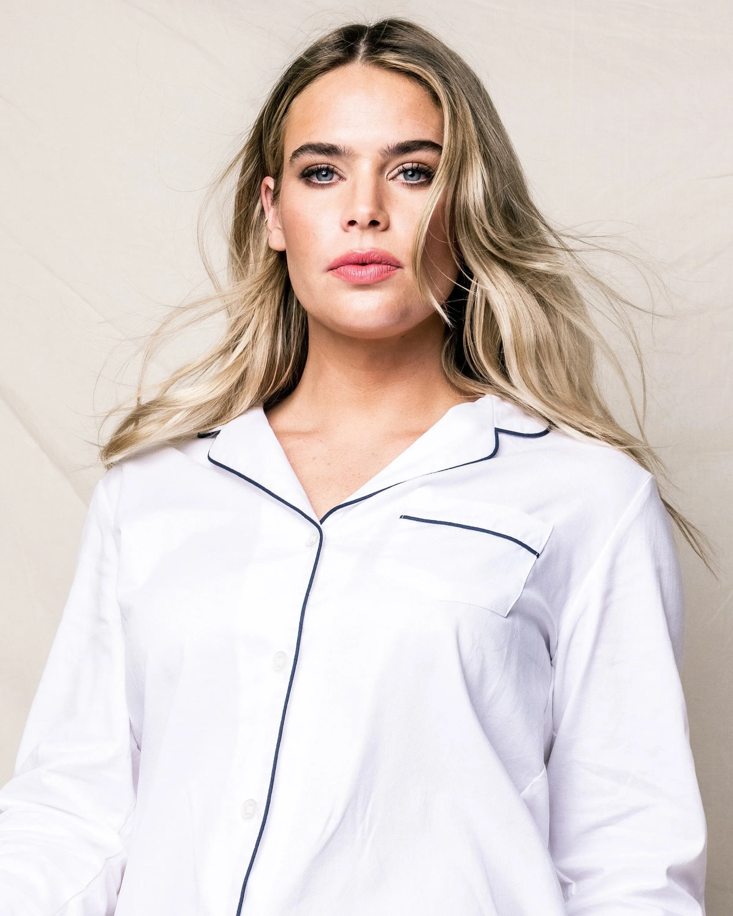 Women's Long Sleeve Short Set | White Twill with Navy Piping