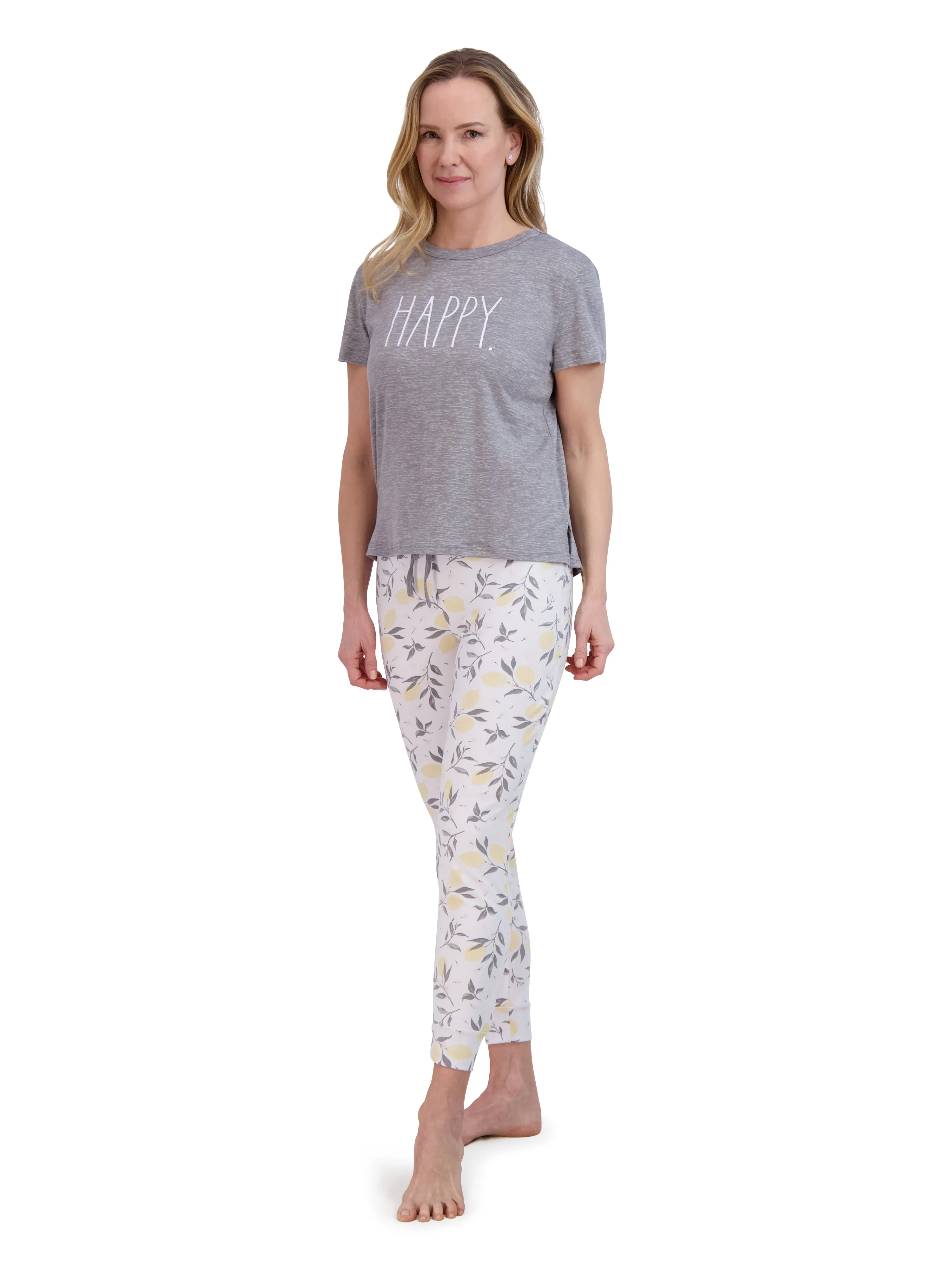 Women's "HAPPY" Short Sleeve Boxy Top and Drawstring Lemon Print Joggers Pajama Set