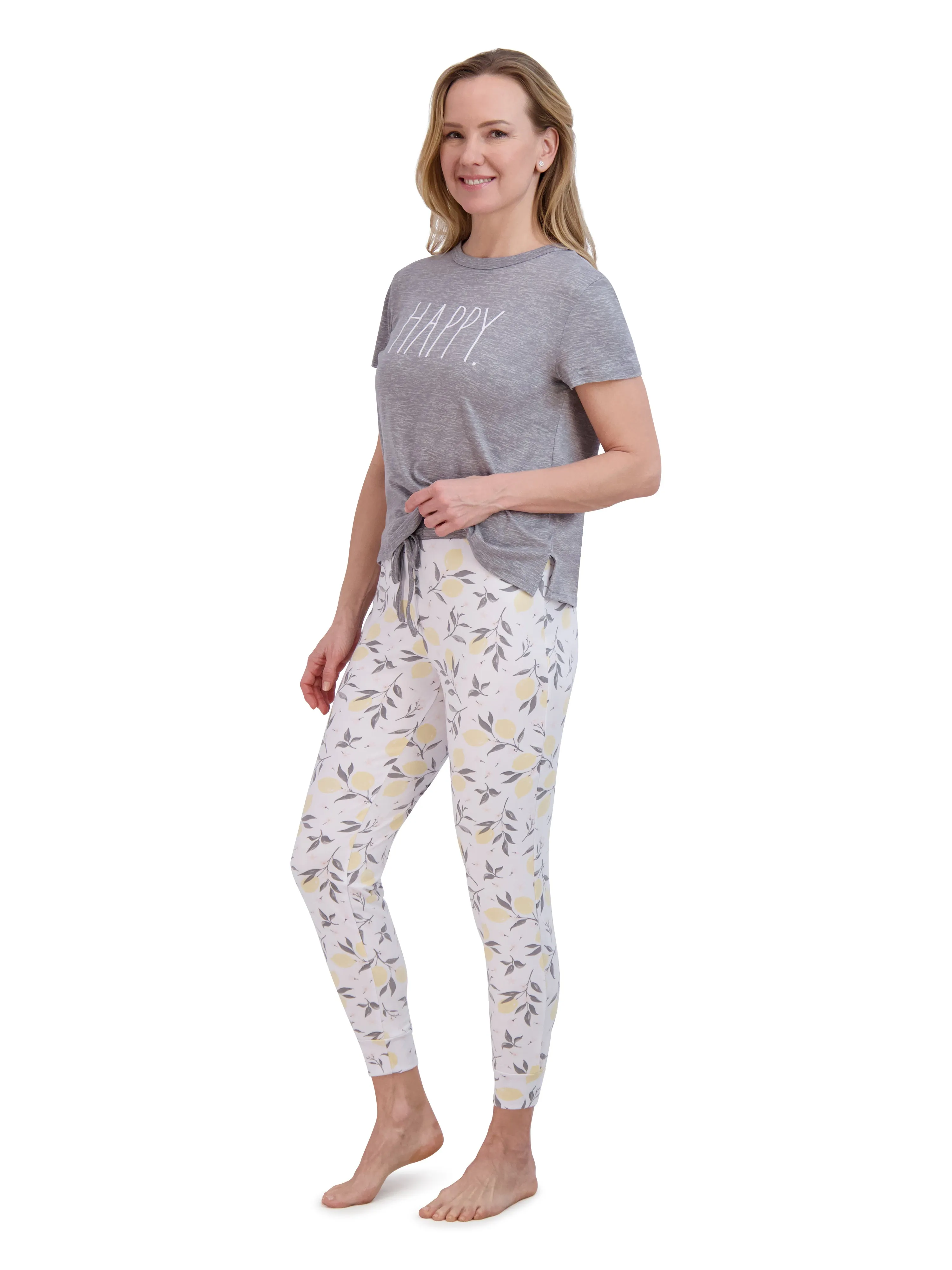 Women's "HAPPY" Short Sleeve Boxy Top and Drawstring Lemon Print Joggers Pajama Set