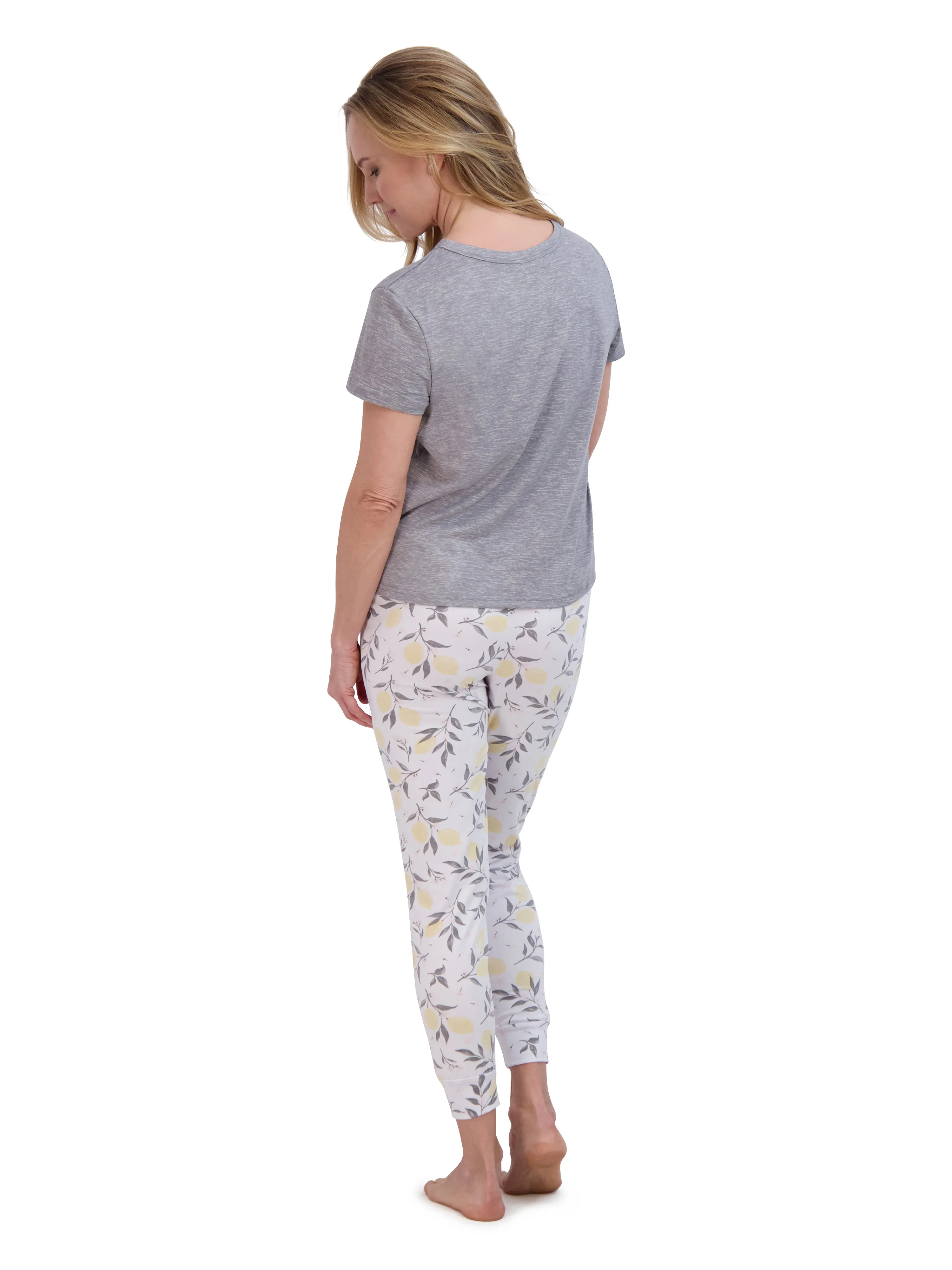 Women's "HAPPY" Short Sleeve Boxy Top and Drawstring Lemon Print Joggers Pajama Set